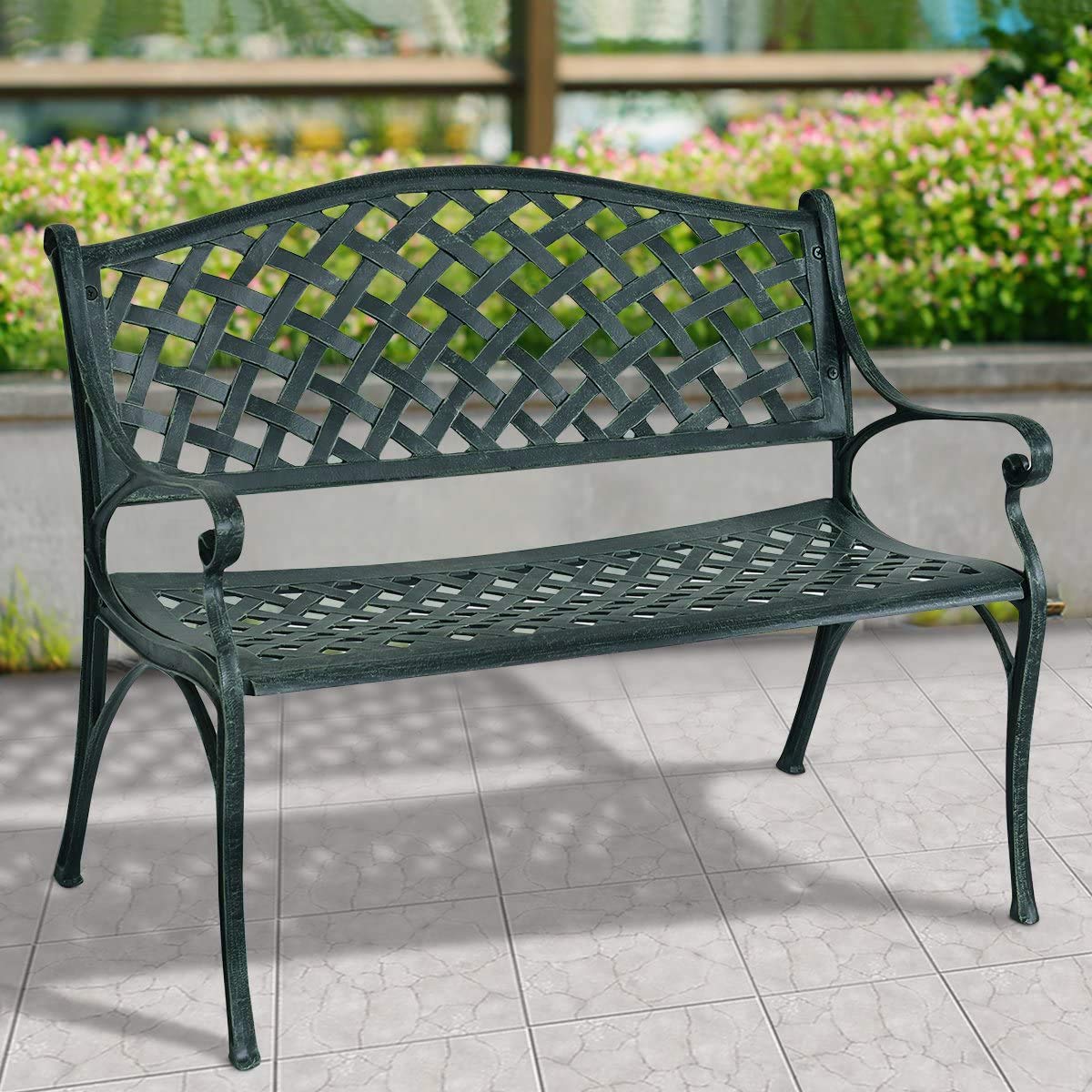 GIANTEX Panchina da Giardino in Metallo a 2 Posti | Seduta da Esterno con Schienale e Braccioli, Portata Fino a 210 kg, per Giardino, Balcone e Terrazza, 103 x 55 x 82 cm