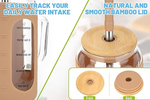 Miniatura 5 de Zenbo Vaso de vidrio de 50 onzas con asa, tapa y pajilla, vaso de agua motivacional con marcador de tiempo
