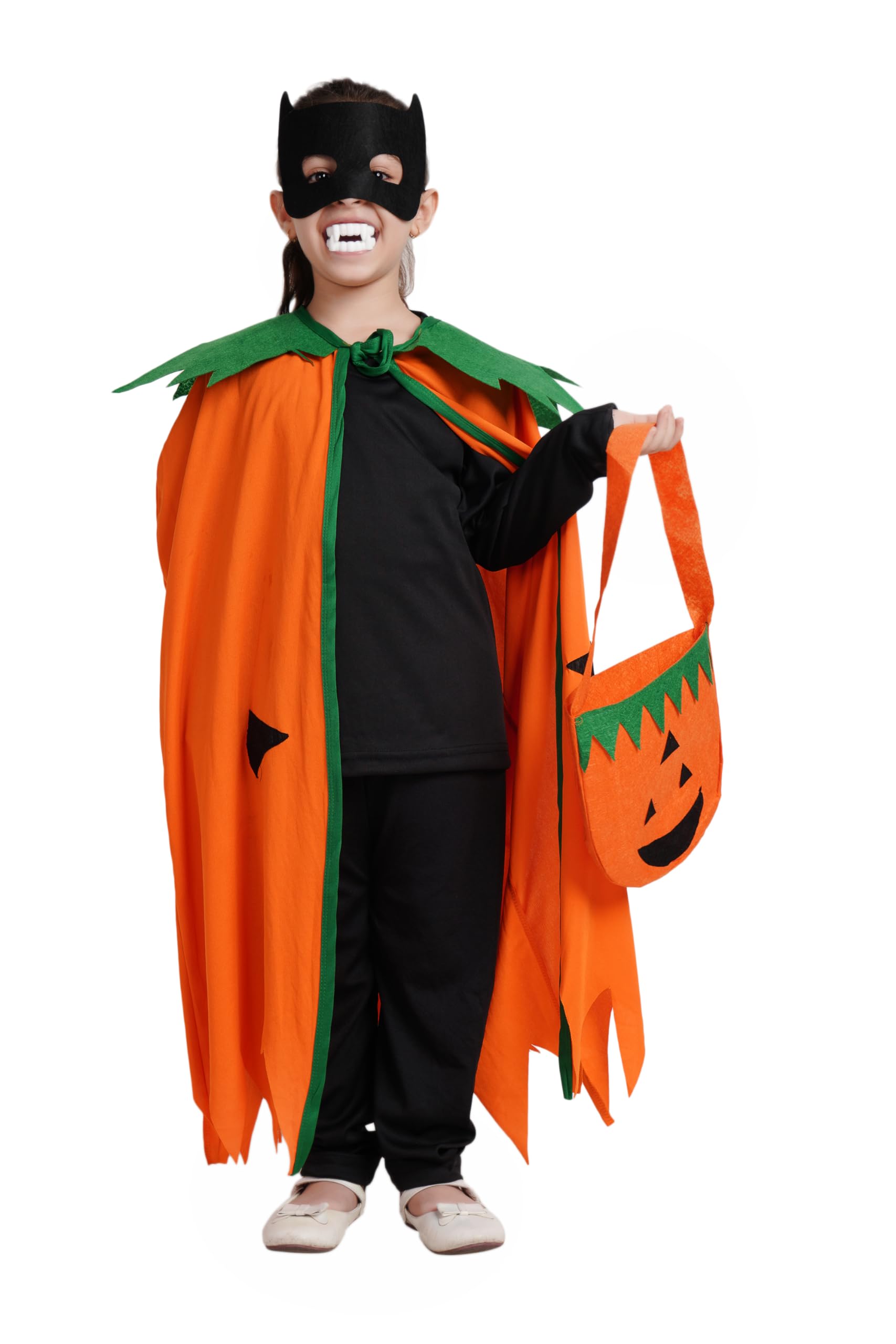 Kaku Fancy Dresses Polyester Pumpkin Robe Cape with Black Eyepatch & Devil Teeth for Halloween Costume for Kids - 5-6 Years