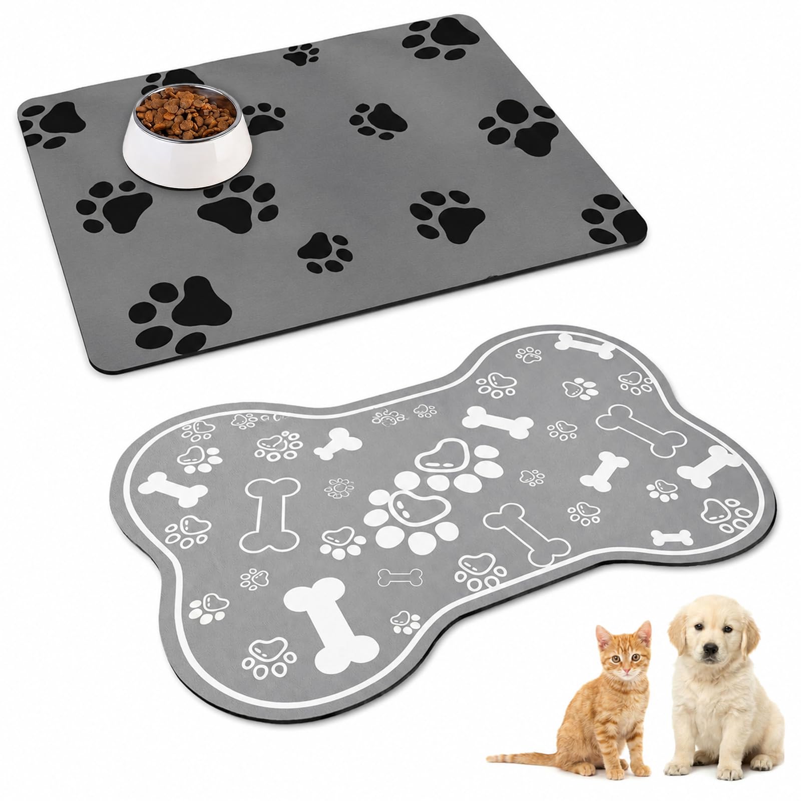 2 Pcs Dog Bowl Mats for Floors, Absorbent Pet Food Mat Set, 30 x 50 cm