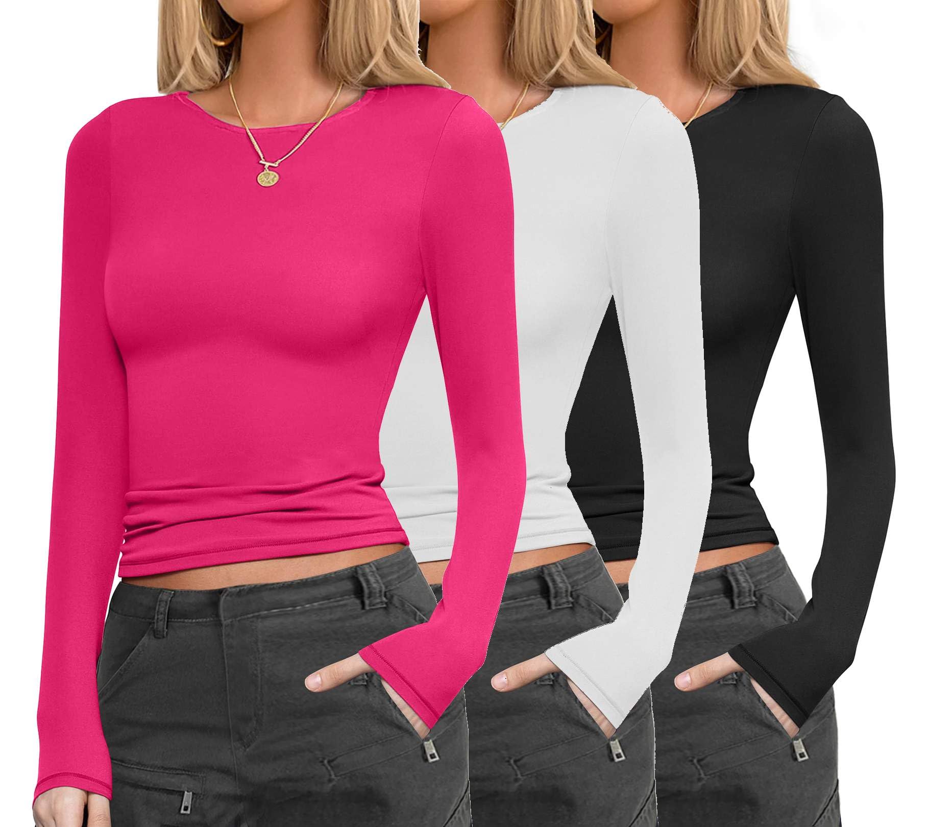 Ekouaer Womens 3 Pack Long Sleeve Shirts Fitted Tops Underscrub Undershirt