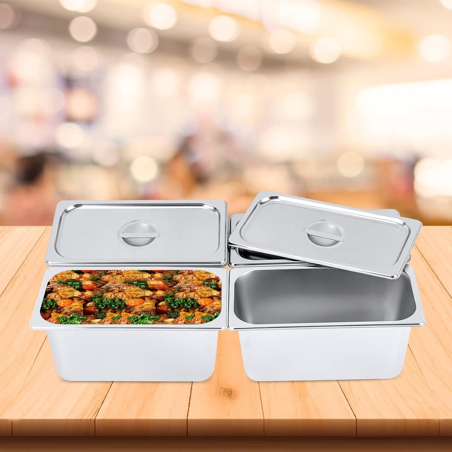 4 Packs Stainless Steam Hotel Pan with Lid Steam Table Pan 1/3 Size x 6" Deep 12.8 * 6.9 * 6inches 0.35cm Thick Food Serving Pans with Handle Lid