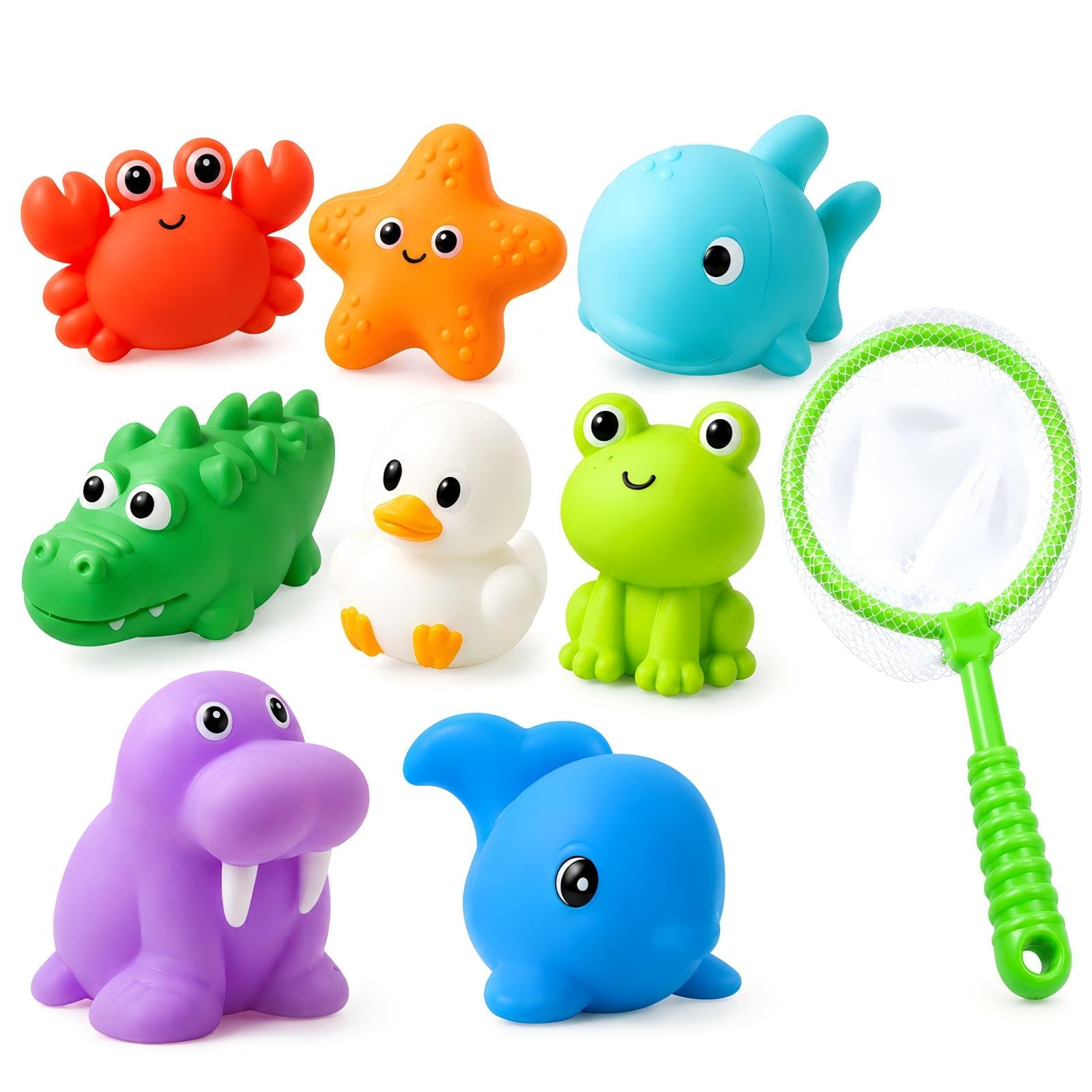 Bath Toys 9-Piece Set, Sea Animals Water Toys with Scoop Net, Soft Squeezable Floating Toys for Bathtub, Pool and Water Play