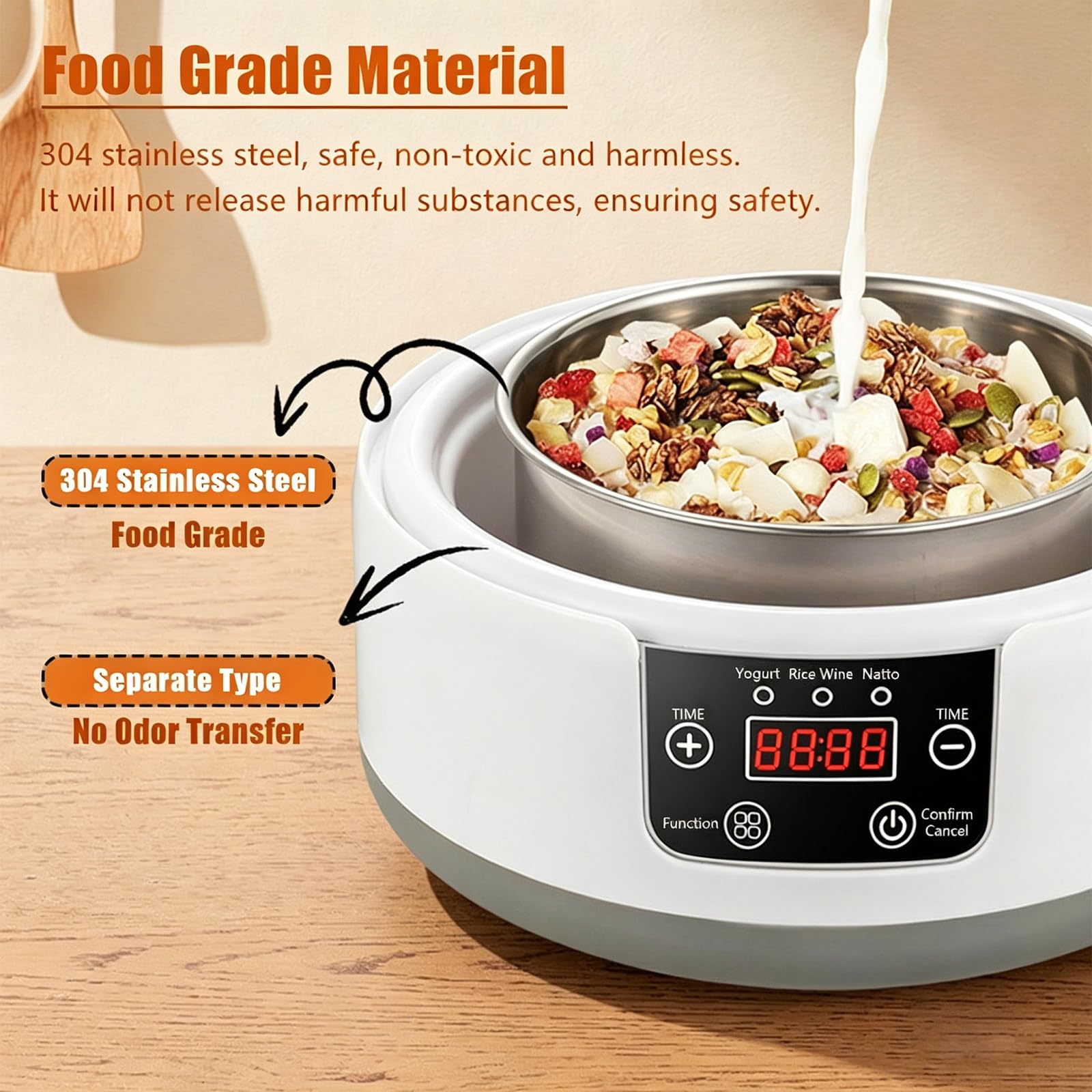 Fabricador de Yogur de 1.2L, Fabricador de Yogur Eléctrico con Pantalla LCD, Tiempo y Temperatura Ajustables, Tarro de Yogur con 5 Tazas, Fabricador de Postres Casero para Yogur Griego Casero