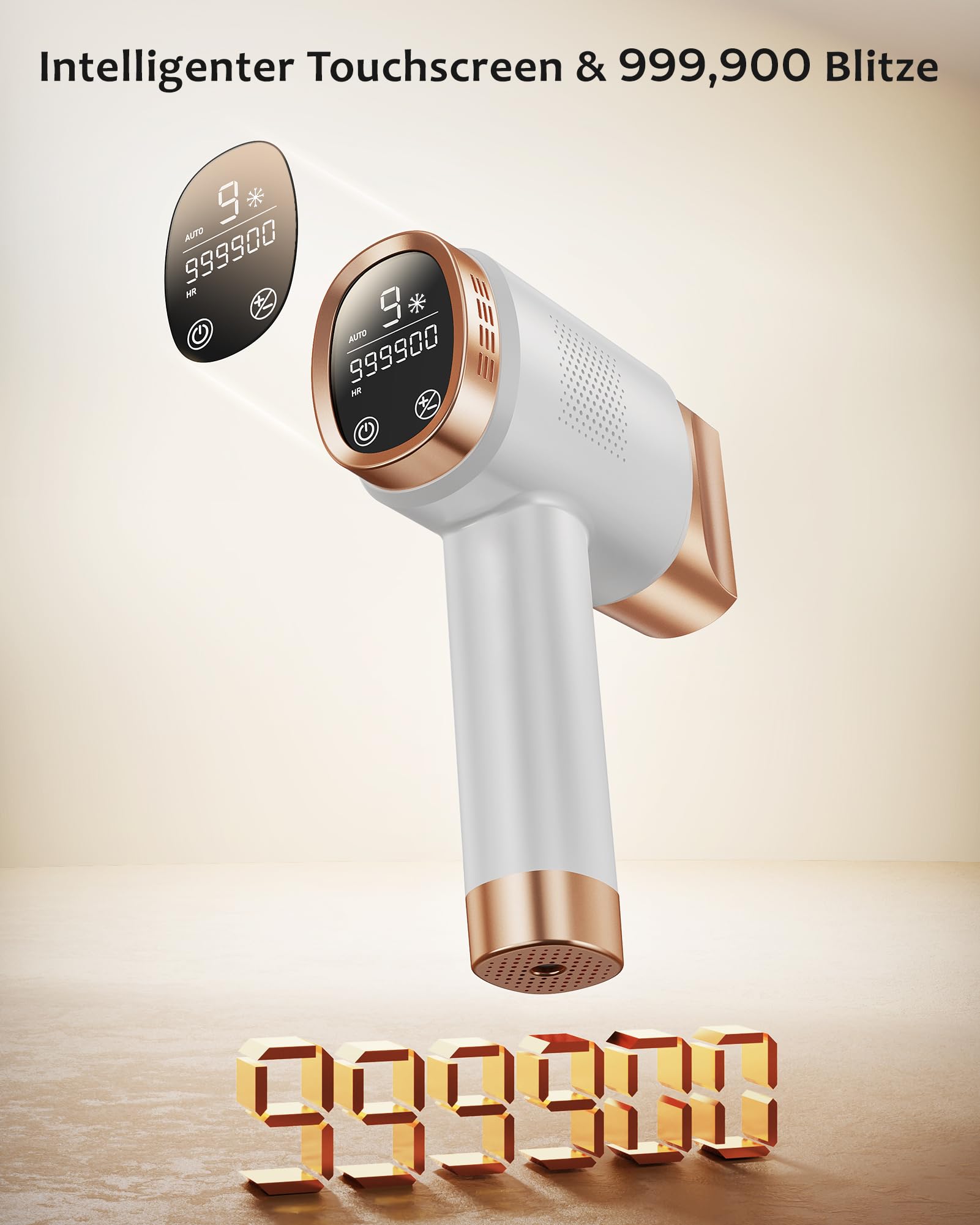 Geräte Haarentfernung mit 8℃ Kühlsystem, Schmerzfreie Haarentfernung Zuhause, 9 Energiestufen 21J für Damen Herren, Gesich Achseln Bikini Beine Körper, Gold