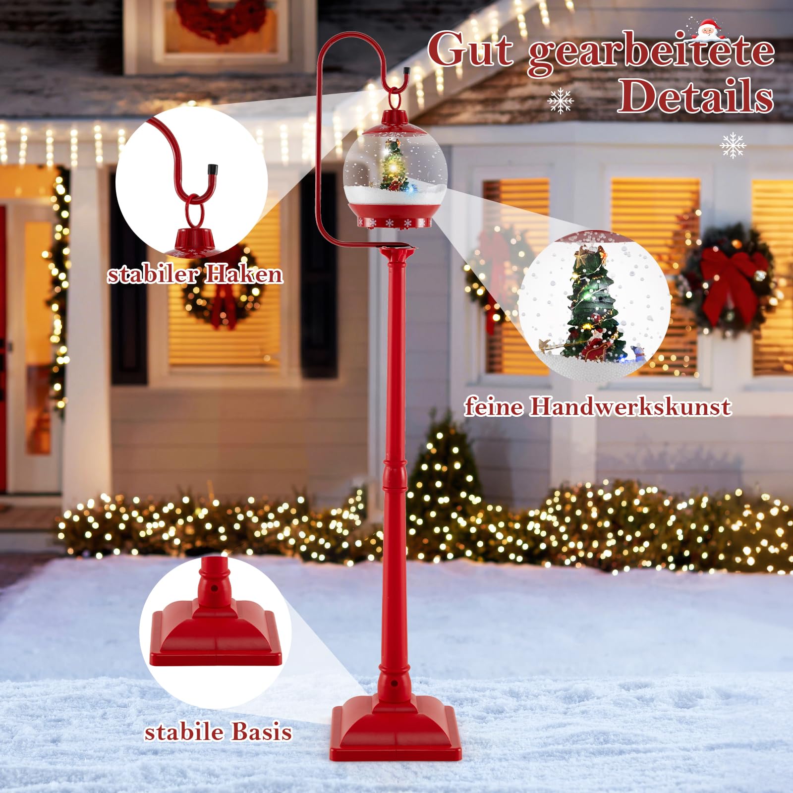 GYMAX 170 cm Weihnachten Wegeleuchte, Weihnachtslaterne mit LED-Licht & Musik, Weihnachtsstraßenlampe mit Schneefunktion, Weihnachtsdeko für Zuhause & Veranda