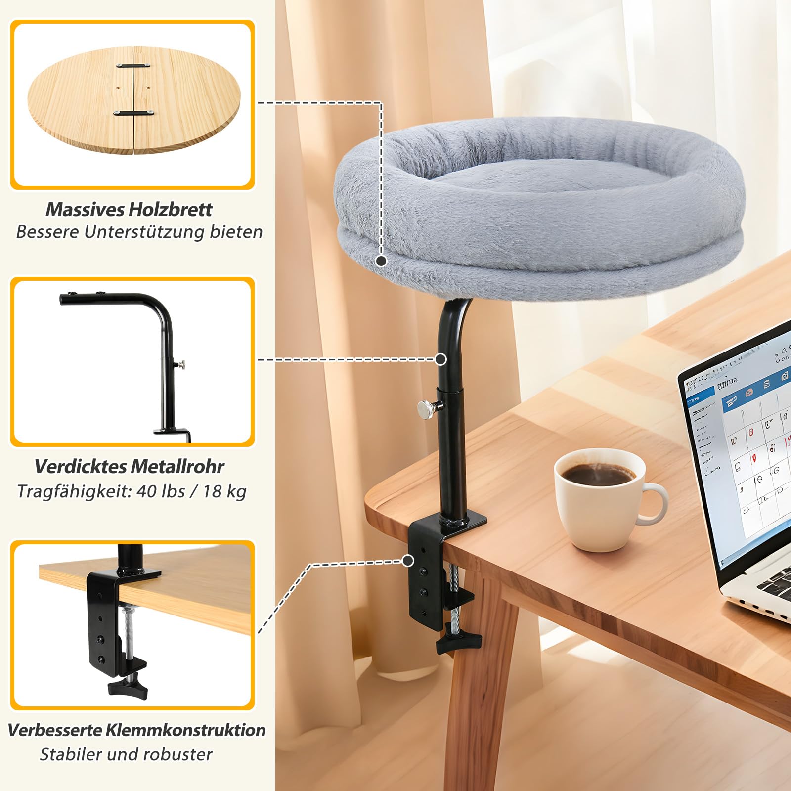 GUUSII HOME Katzenbett Schreibtisch 360° Drehbar & Höhenverstellbar Katzenliege Liegeplatz Katzen Bett Hängematte Tisch Für Homeoffice 43cm Durchmesser Bis 18kg Einfache Montage Waschmaschine（Grau）