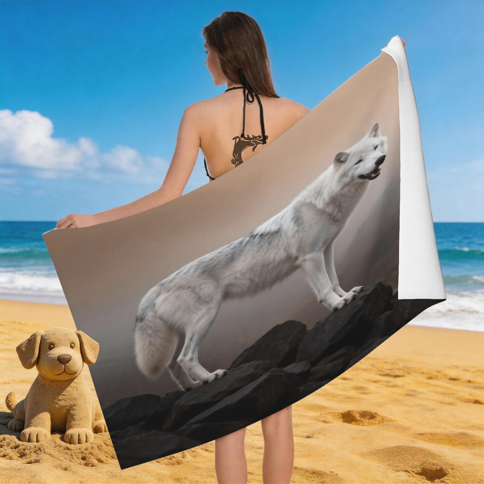 Leichong 3D Arctic Wolf Beach Towel Microfiber Soft Quick Dry for Adults, Nature Scene Bath Towel Lightweight Soft Absorbent for Travel Swimming Pool Sports, 75 x 150 cm