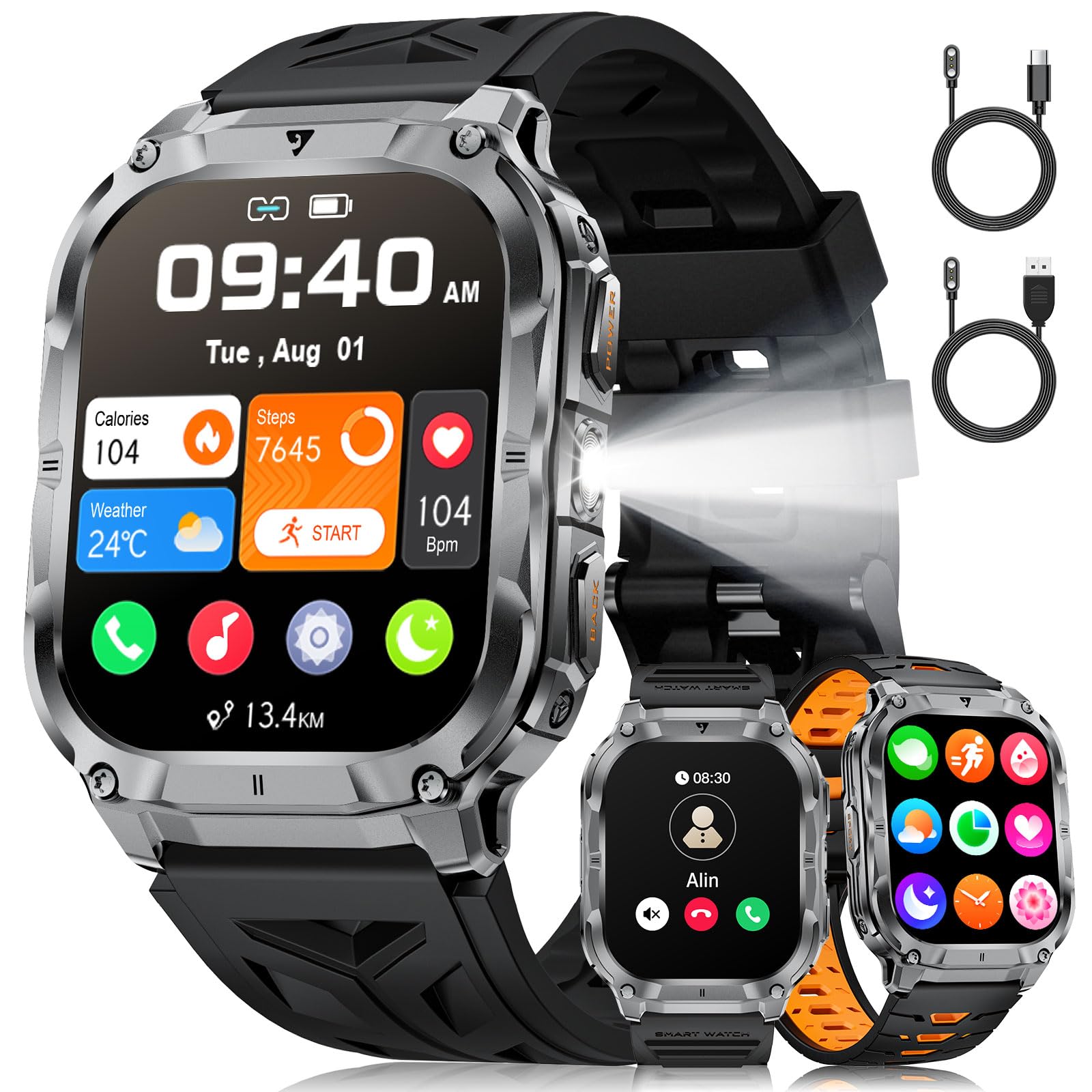 BENYAR SMART Smartwatch Uomo Militare 2.0" con Chiamate Bluetooth, 1000mAh, Torcia LED, 100+ Modalità Sportive, Monitoraggio della salute, IP68 Impermeabile, 3 Cinturini per Android iOS, Silicone