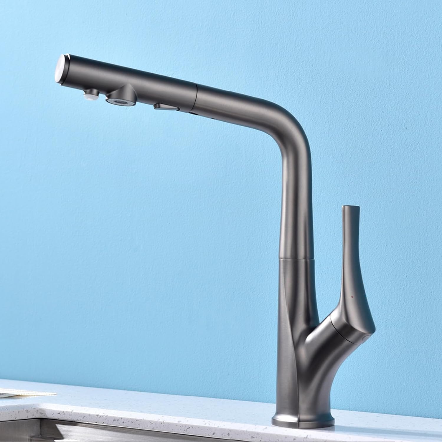 Robinet cuisine 3 voies extractible avec double filtre eau potable gris