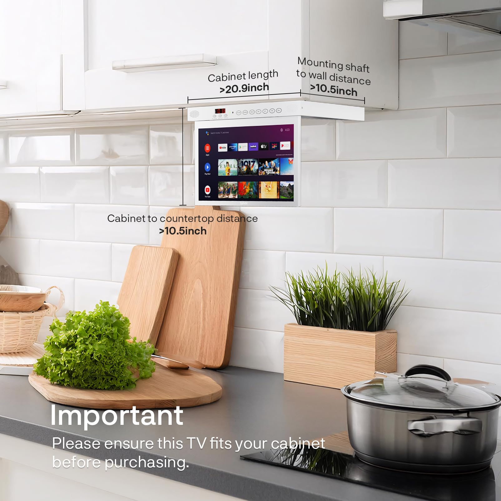 SYLVOX TV de Cocina Plegable 15.6", 90° Ajustable, 1080P, Smart con Google TV,12V Mini Televisor con Rotación 360° | DVB-C/S2/T2 | Wi-Fi | Bluetooth | para Cocina, Camping, Dormitorio(Blanco)