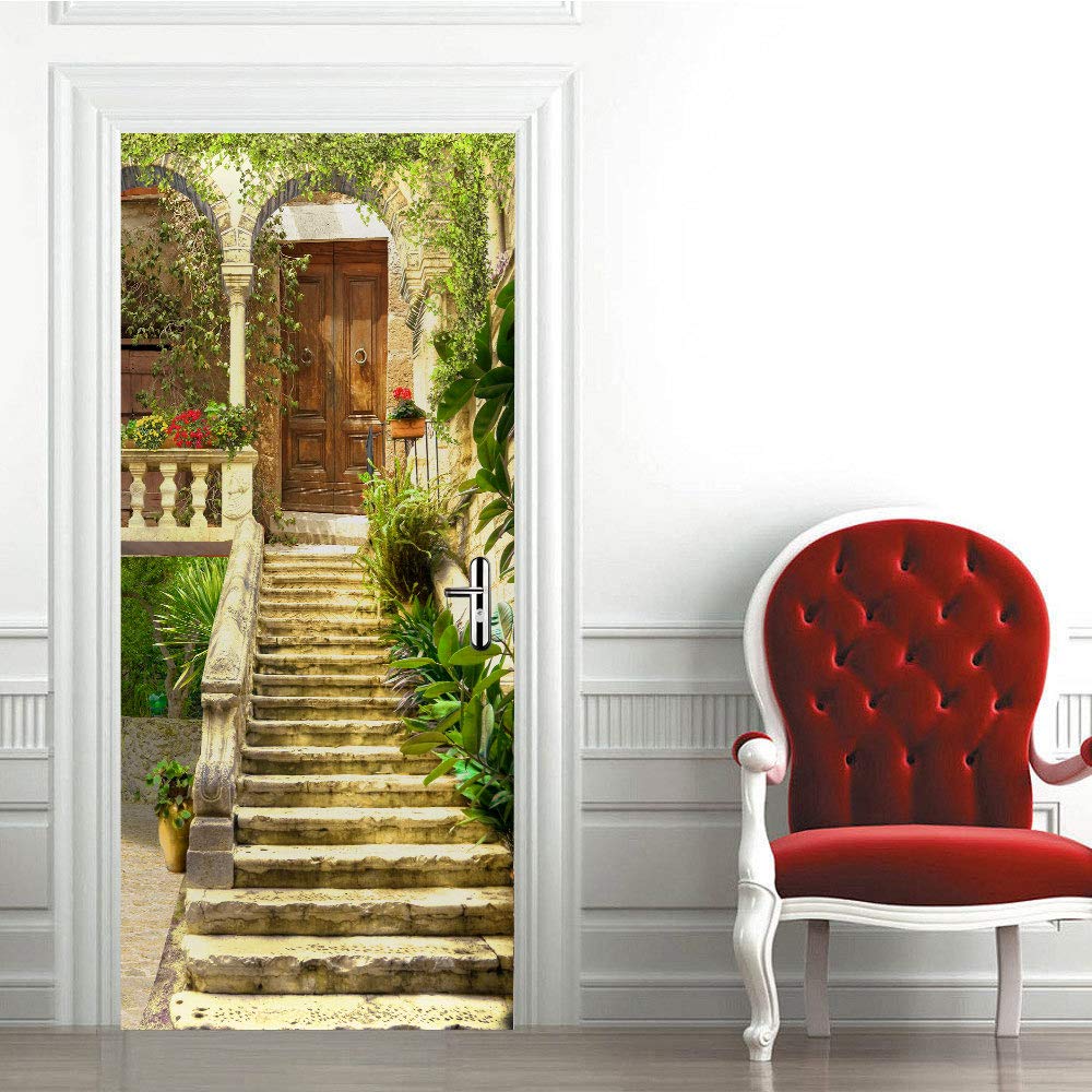 Trompe l'oeil porte 3D auto-adhésif pour rénover une porte abîmée sans ponçage ni peinture