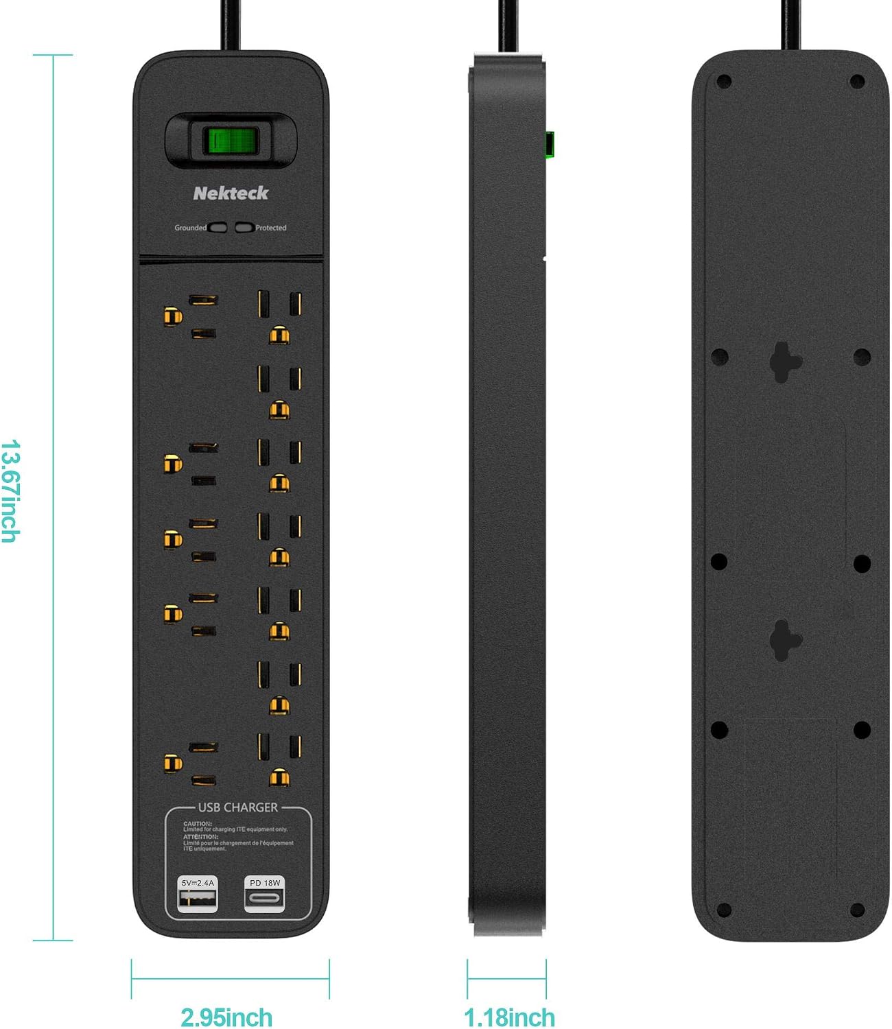 Nekteck Power Strip with 12 AC Outlets, USB C PD 18W Port and USB A Port, Surge Protector with 6 Feet 14AWG Heavy Duty Extension Cord for Office, Home, Hotel, ETL Certified, 2390 Joule, Black