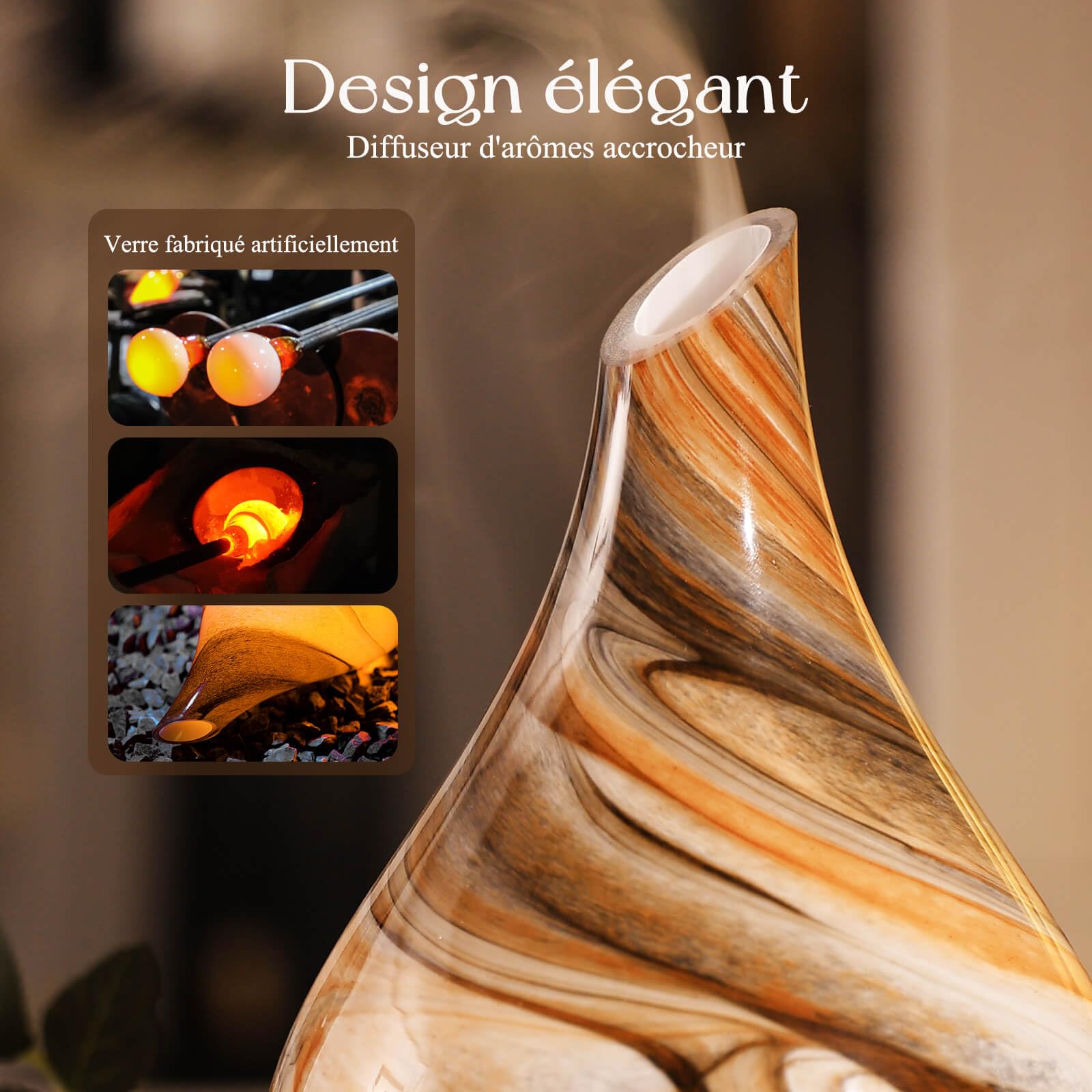 Porseme Verre diffuseur d'arômes 280ml, diffuseur soufflé à la bouche pour huiles essentielles, grand humidificateur à brume fraîche ultrasonique,7 LED à changement de couleur, sans BPA pour la maison