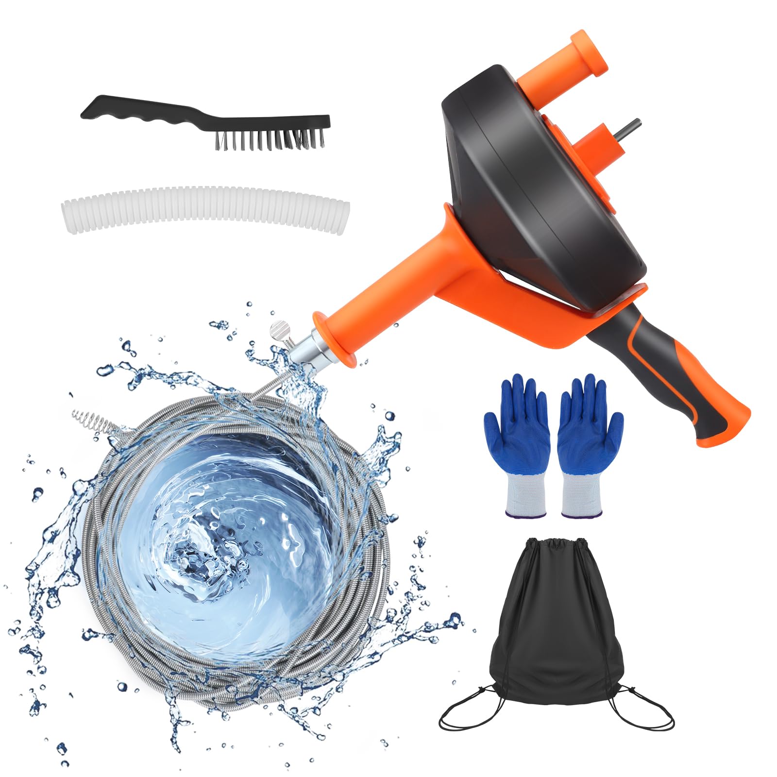 Desatascador Tuberias Profesional,10M Flexible Espiral Desatascar Tuberias para Fregaderos de Cocina, Baños y Duchas. Lncluye Guantes,Bolsa,Cepillo