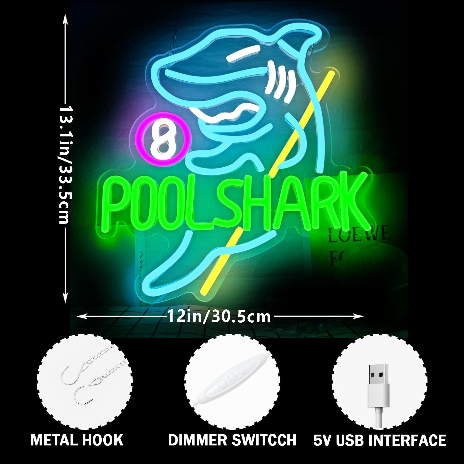 Pool Shark Neon Sign for Wall Decor Dimmable Billiards Neon Sign for Game Room Billiard Room Neon Light Decor for Bar Pub Club Man Cave Decoration Birthday Gift - Image 6