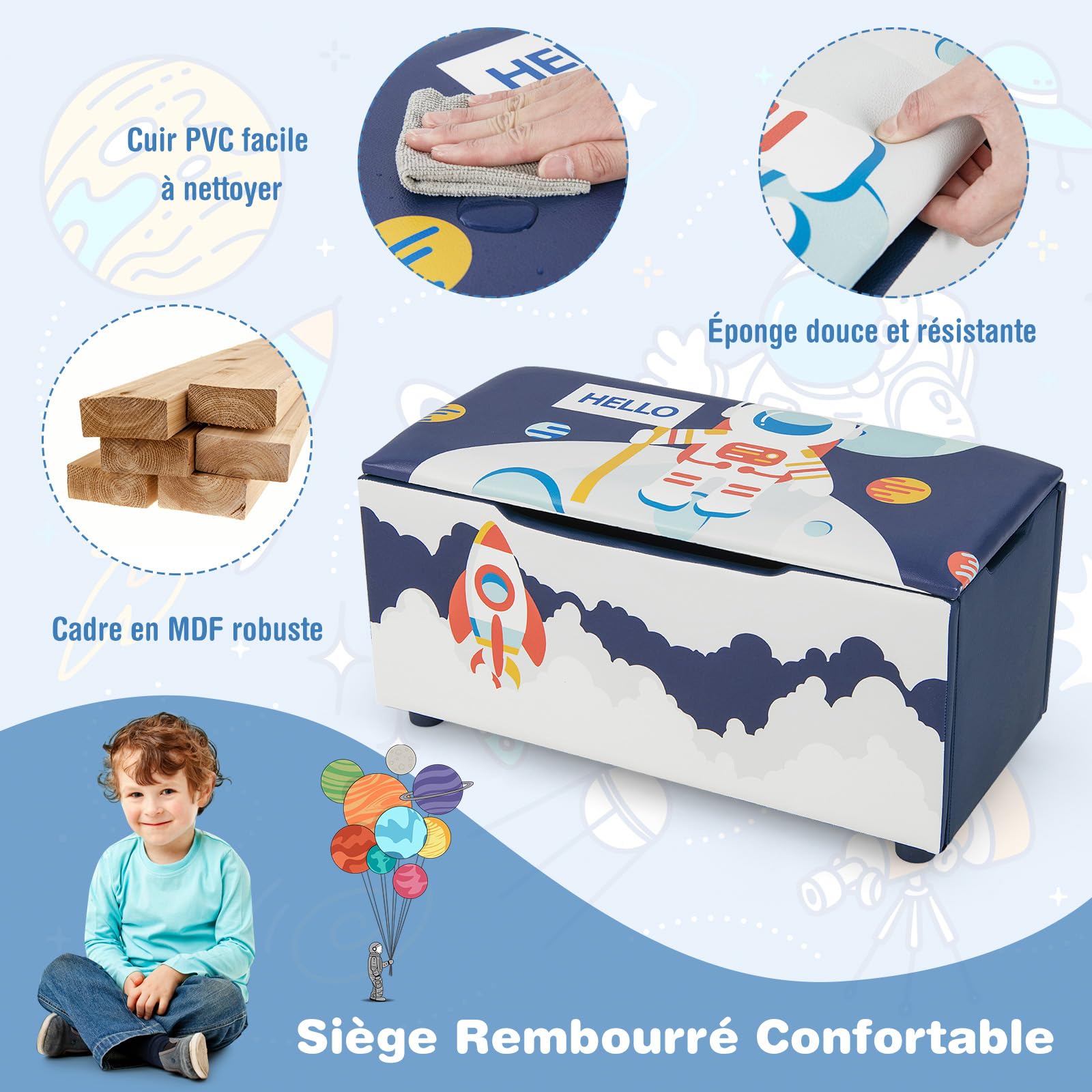 GOPLUS Caja de Almacenamiento 2 en 1 para Niños con Tapa Desmontable, Banco de Almacenamiento con Ranuras Antipinzamiento, Correa de Tracción, Caja de Almacenamiento, 75x36x38CM (Azul (astronauta))