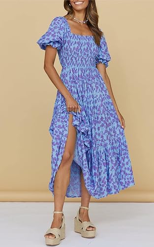 Miniatura 3 de PRETTYGARDEN Vestidos de verano con estampado floral bohemio para mujer, cuello cuadrado, manga abombada, acampanado, vestido largo casual fruncido