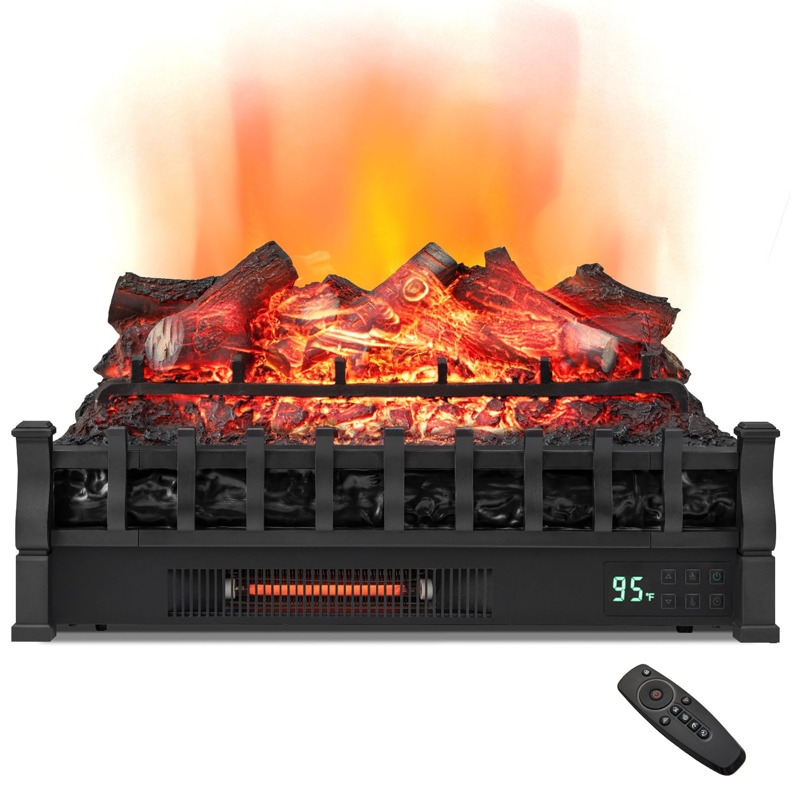 Tangkula 26” Electric Fireplace Log Set Heater with Remote, 5 Flame Modes & Brightness, Thermostat Control, 8H Timer, Realistic Lemonwood Ember Bed, Infrared Quartz Electric Fireplace Insert, 1500W