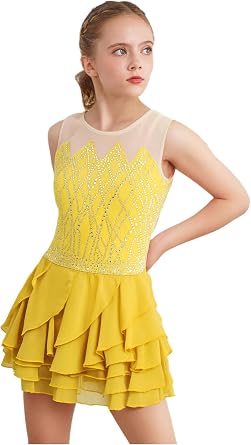 Kids Girls Figure Skating Dress Sparkly Sleeveless Ice Skating Dress Dance Leotard Tulle Skirt or Competition