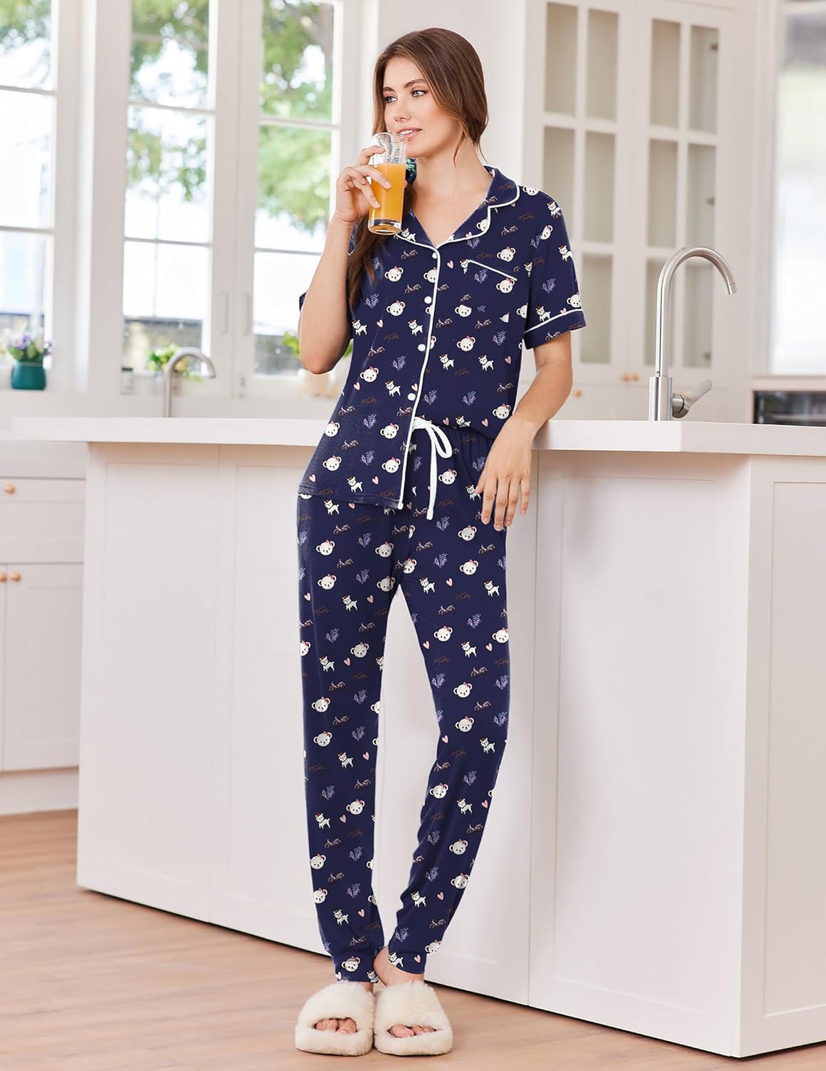 Ekouaer Women Pajama Set Short Sleeve Button Down Pjs Soft Comfy Sleepwear Nightwear with Jogger Pants - Image 4