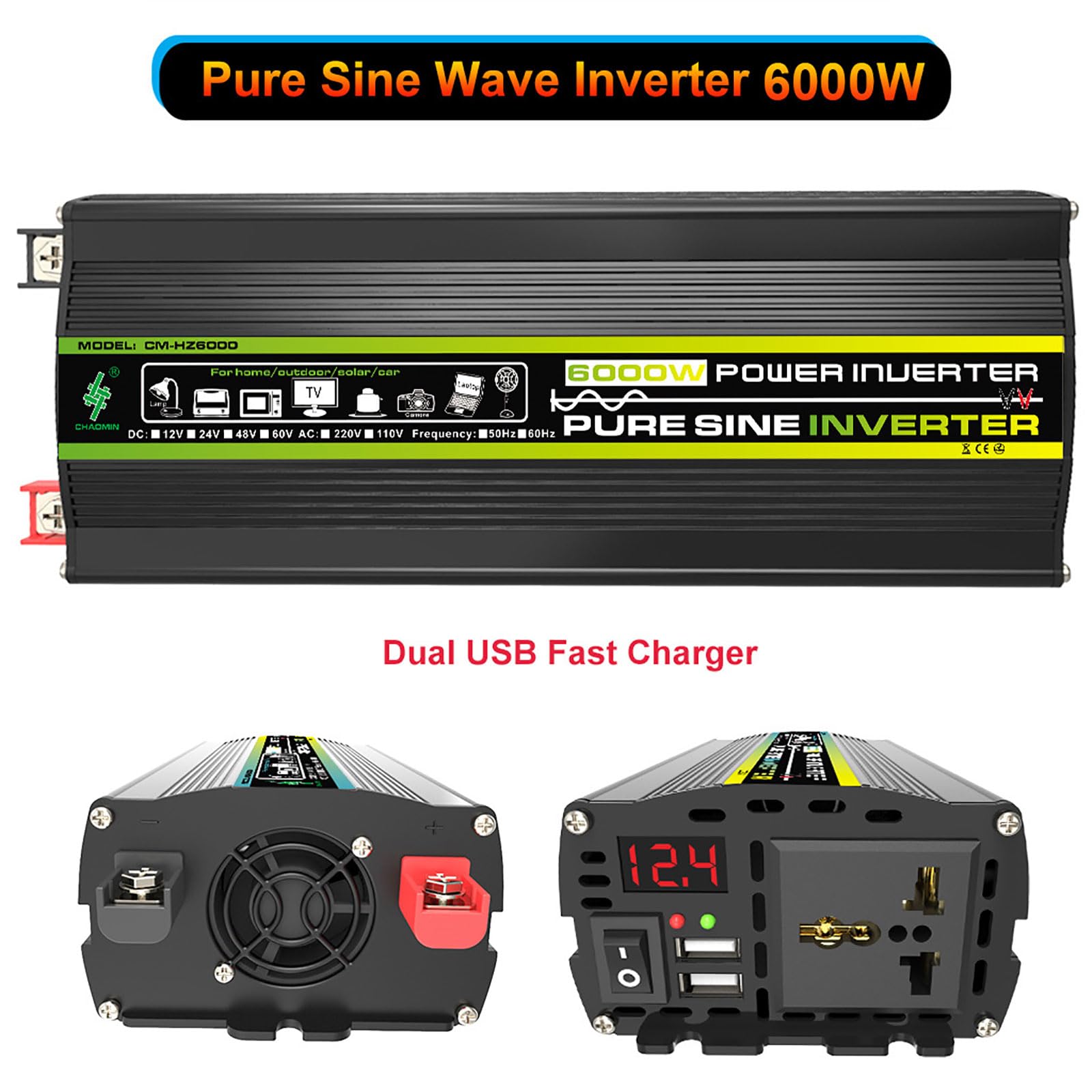 1 set completo di kit di alimentazione solare da 6000 W, inverter 12 V CC, pannello impermeabile da 18 W e regolatore di carica da 30 A for avventure all'aperto