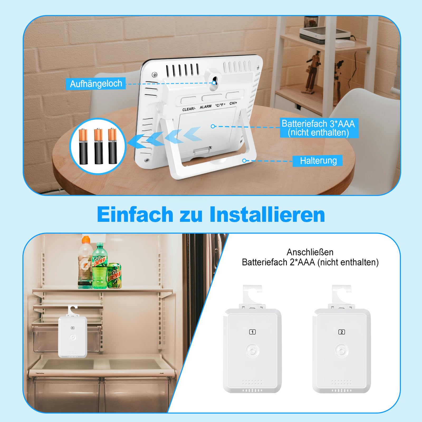 Urageuxy Thermometre Congelateur avec Alarme, Thermomètre de Frigo Congelateur, Prtée 100M, Rétroéclairage, Mesure de -40°C à 60°C, Valeurs Max/Min, Pour Famille et Restaurant