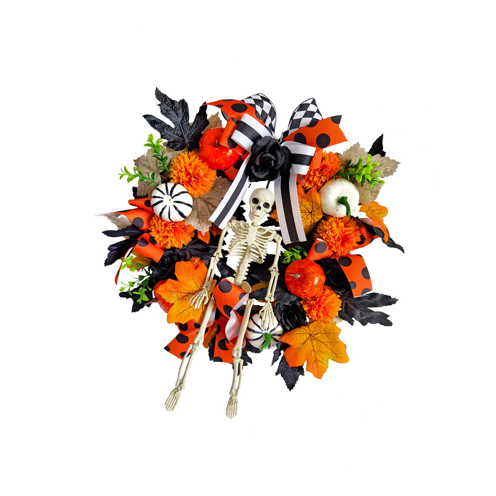 carotoe 1 Halloween Wreath with Skeletons Pumpkins & Faux Vine Indoor Outdoor Fall Decor Fall Autumn Wreath Skull Skeletons Garlands