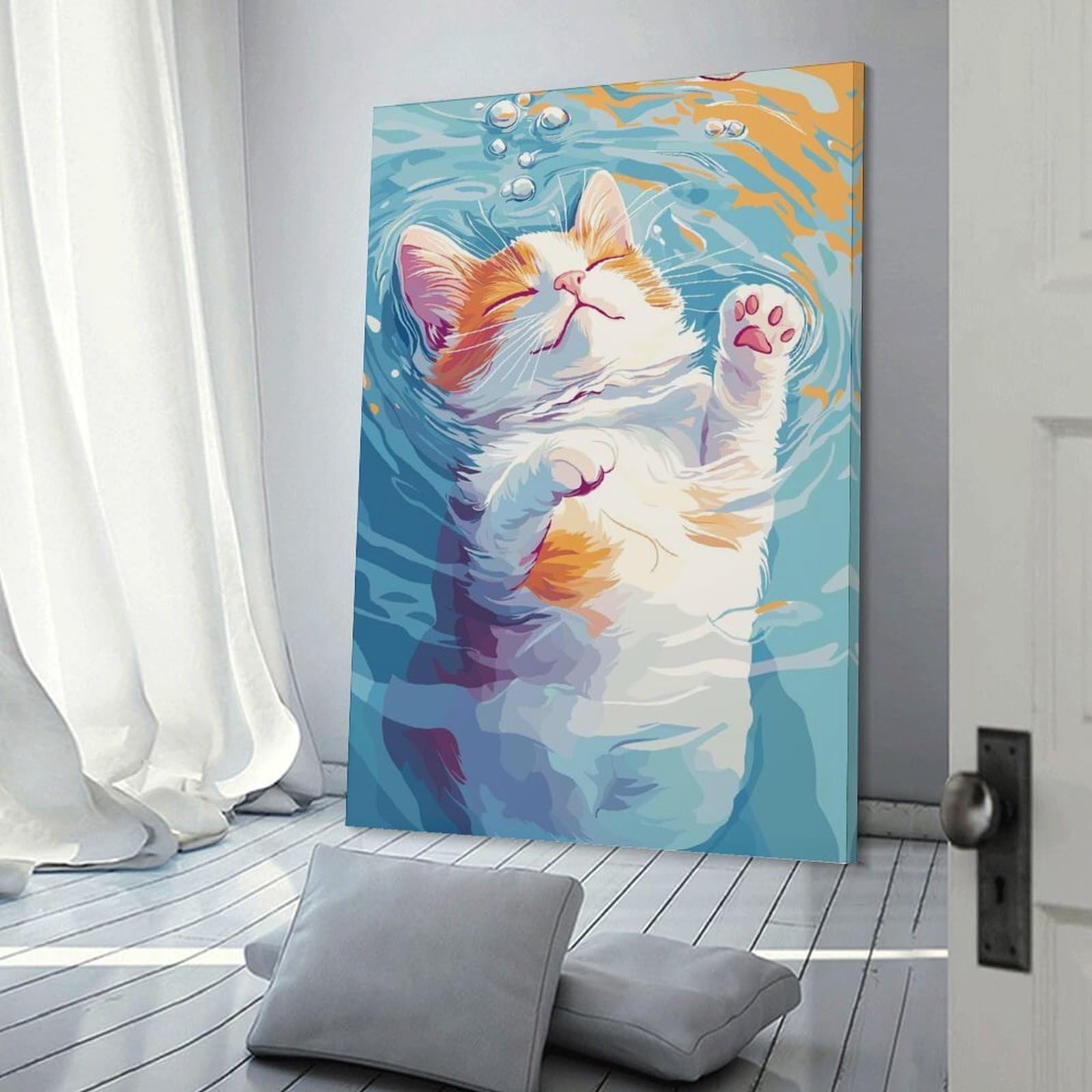 Junmoney Canvas Wall Picture Cat Floating in Water Illustration, 20x30inch(50x75cm), for Bedroom Decor, Cosy Corners Or Studios, A Warm Accent for Relaxed Interiors