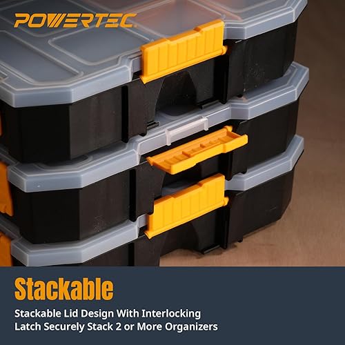 Miniatura 4 de POWERTEC Caja organizadora de herramientas apilable con separadores extraíbles, 17 compartimentos, entrelazado, diseño portátil, paquete de 2