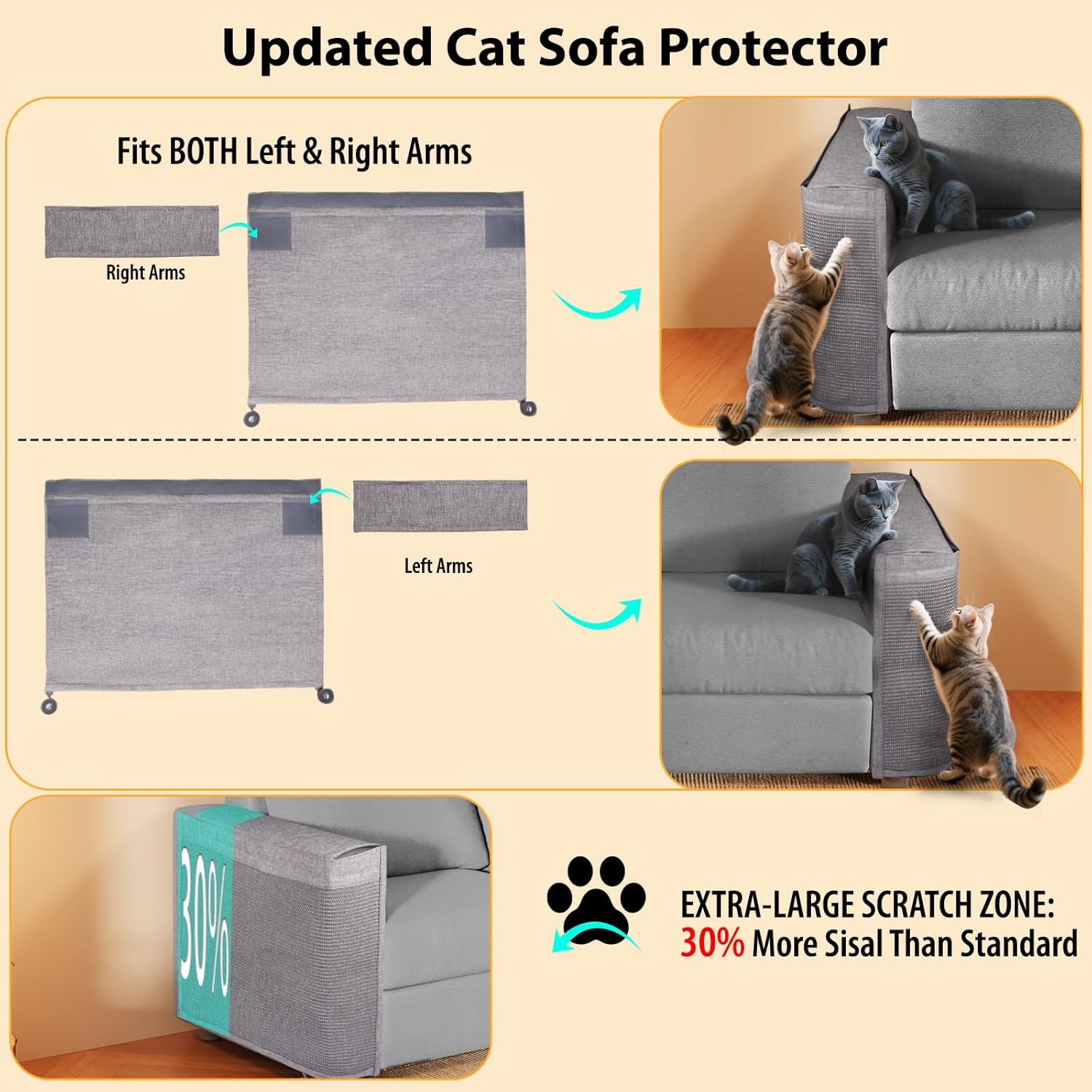 Cat Scratch Protector for Sofa - Couch Protector from Cat Claws Fit for Both Arm Side of Sofa,Couch Corner Scratcher with Expanded Coverage Color-Matched Sisal Pad Universal Fit
