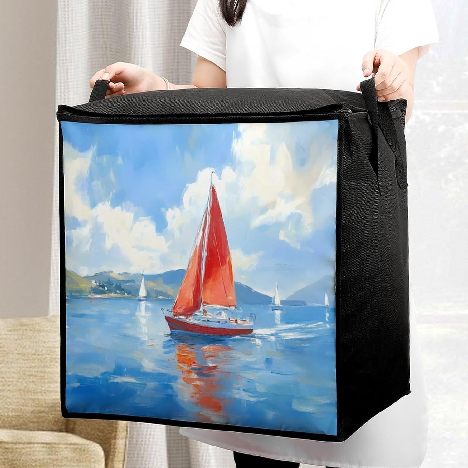 Sailboat Boat On Blue Sea Large Comforter Blanket Storage Bags Bins 70L Closet Organizer with Handles