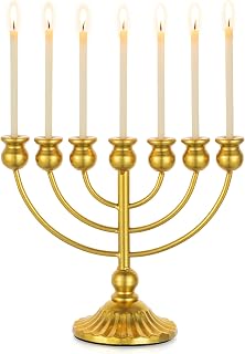 Sziqiqi Menorah Candle Holder 7-Branch: 8 inches Traditional Menorahs for Mantel Fireplace - Gold Hanukkah Candle Holder for Table Shelf Home Decor