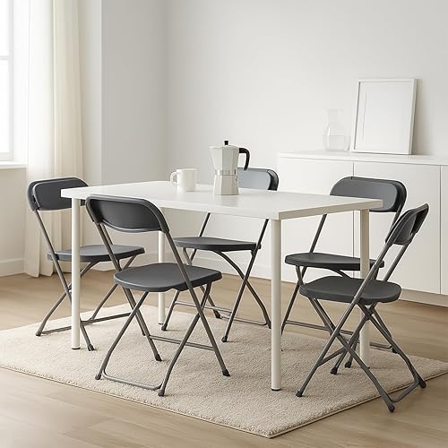 Miniatura 8 de Paquete de 6 sillas plegables de plástico gris para interiores y exteriores, portátil, apilable, con marco de acero, silla plegable resistente para