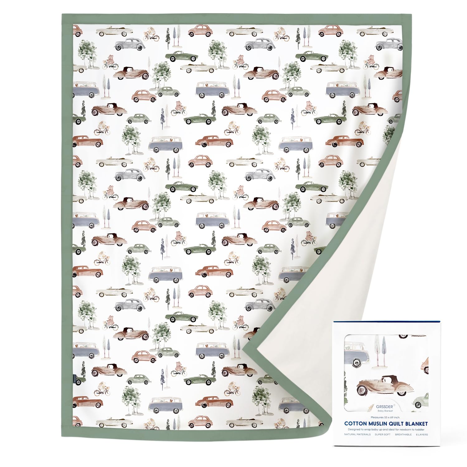 GRSSDER Cotton Muslin Quilt Blanket - Silky Soft and Breathable Kids' Throw Blanket, Oversized Muslin Blankets for Newborns, Toddlers &amp; Kids, 6 Layers Reversible Design for All Seasons, 55" x 69"