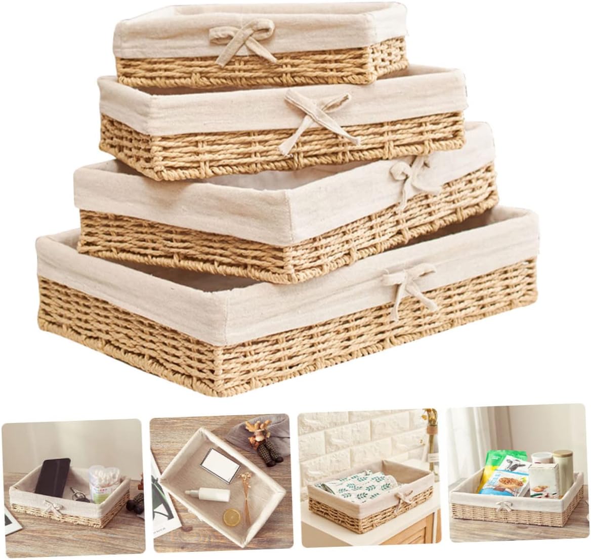 SOLUSTRE 4Pcs Straw Woven Storage Baskets for Makeup Snacks Versatile Organizer Boxes for Home Decor Kitchen Pantry Modern Design Easy to Classify and Keep Food