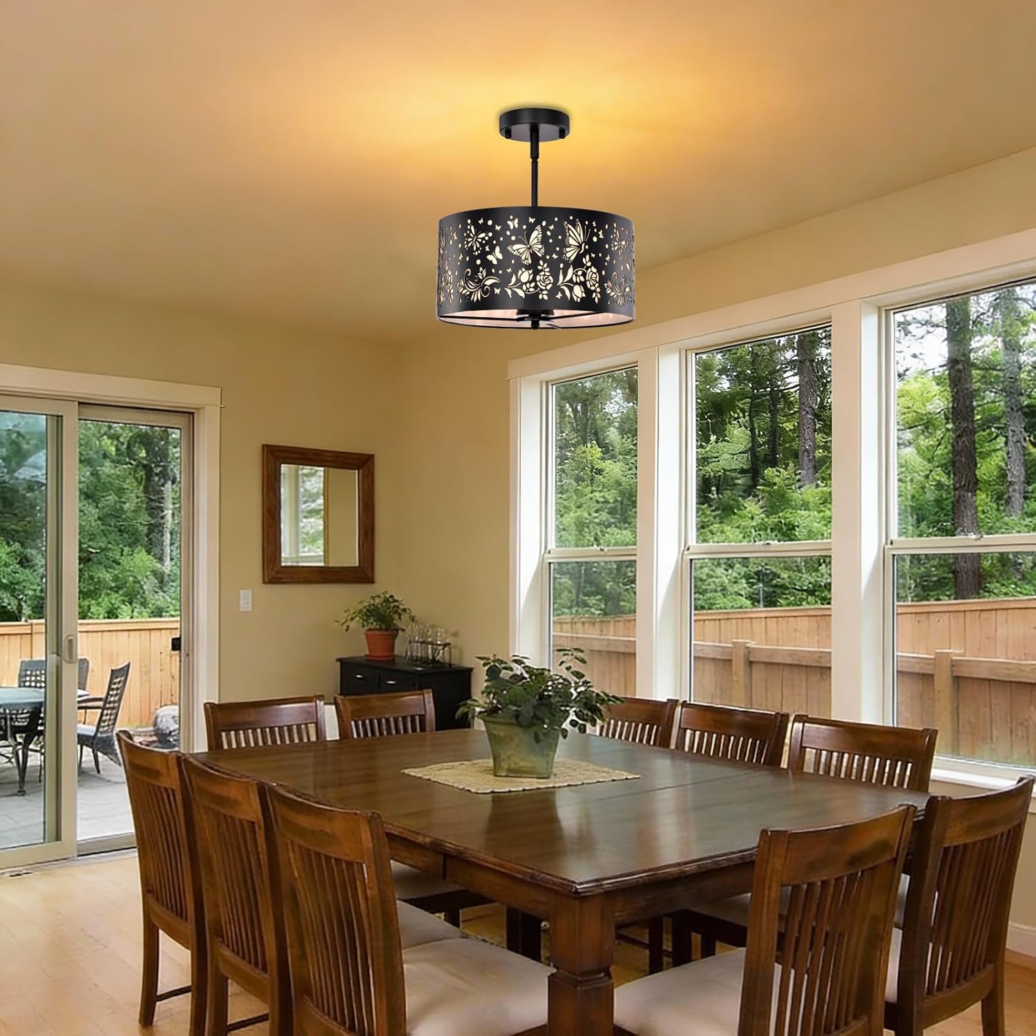 Semi Flush Mount Ceiling Light,White Parchment Metal Rustic Ceiling Light Fixture with Butterfly Design,3-Lights Drum Industrial Black Chandeliers for Dining Room,Kitchen,Bedroom,Cabin,Hallway