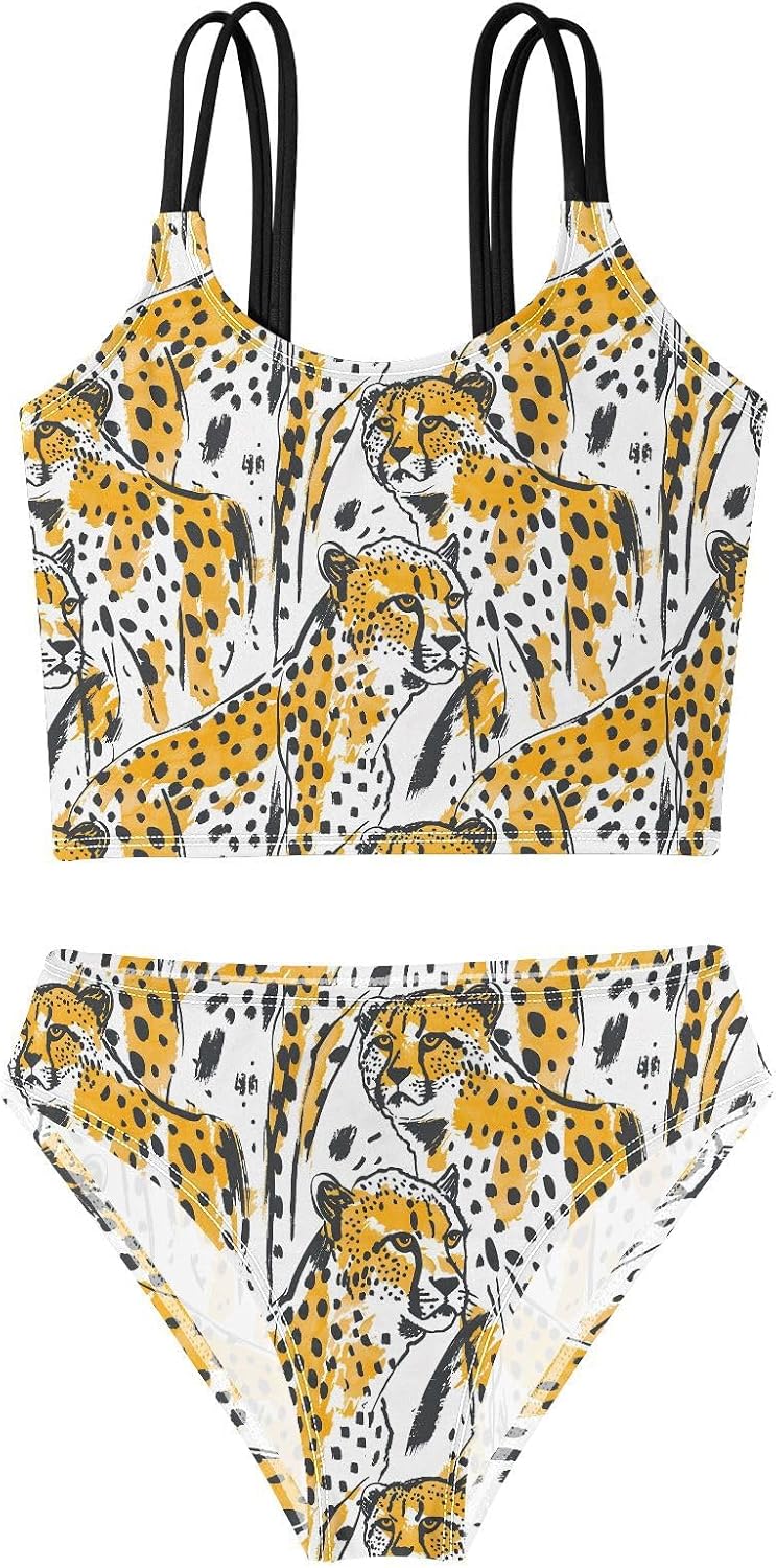 visesunny Girls Two Piece Swimsuits Hand-Drawn Cute Cheetah Girl's Bikini Sets Bathing Suits for Girls Size 5-12Y