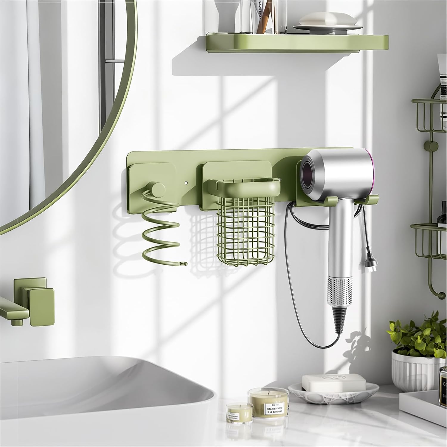 Tindbea Upgraded Aluminum Alloy Hair Dryer Holder Wall Mounted with Built-in Cord Wrap,3-in-1 Hair Tool Organizer for Blow Dryer, curling iron, and straightener, Green