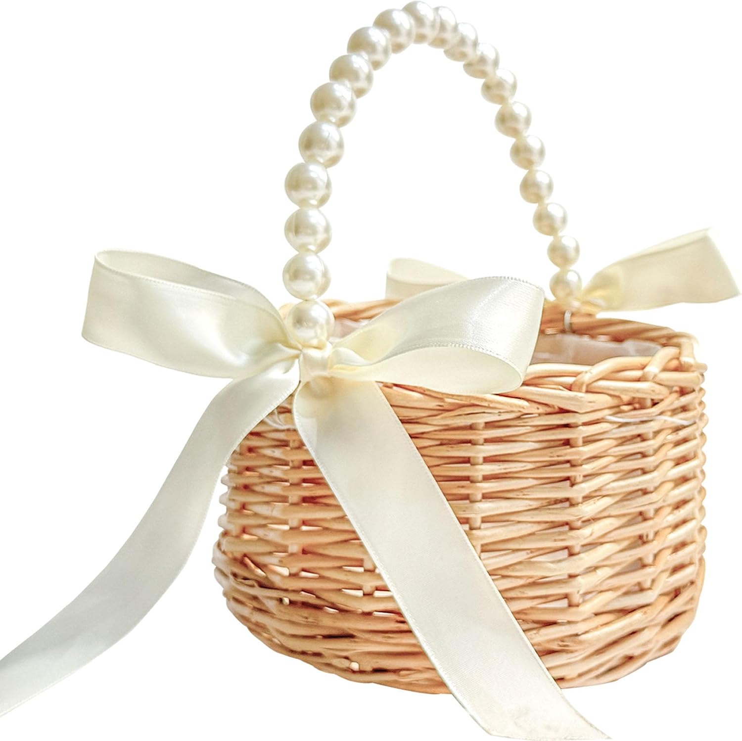 Flower Girl Basket, Handwoven Wicker Rattan Small Flower Girl Basket with Pearl Handle Ribbon Bow Plastic Liner, Wedding Flower Girl Basket and Home Decor