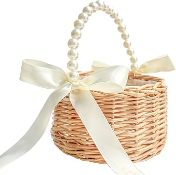 Flower Girl Basket, Handwoven Wicker Rattan Small Flower Girl Basket with Pearl Handle Ribbon Bow Plastic Liner, Wedding Flower Girl Basket and Home Decor