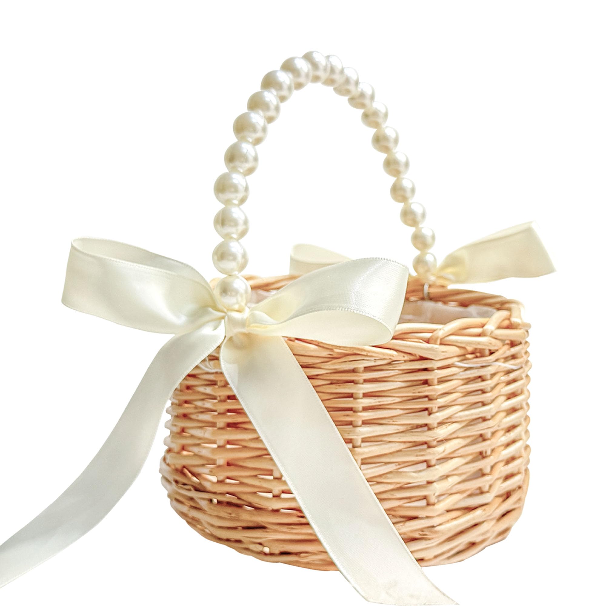 Photo 1 of Flower Girl Basket, Handwoven Wicker Rattan Small Flower Girl Basket with Pearl Handle Ribbon Bow Plastic Liner, Wedding Flower Girl Basket and Home Decor