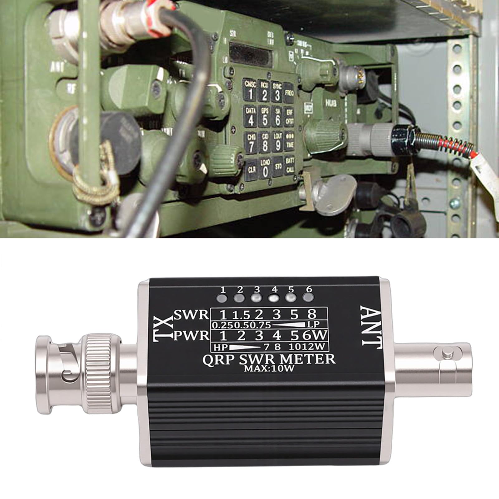 Miernik SWR z 6 Wskaźnikami LED, 1-30 MHz dla Radia Krótkofalowego | Obudowa ze Stopu Aluminium, Interfejs BNC, Zasilanie RF, Zakres 0,25 W–12 W, Przenośne Zastosowanie W Terenie, Nie Jest