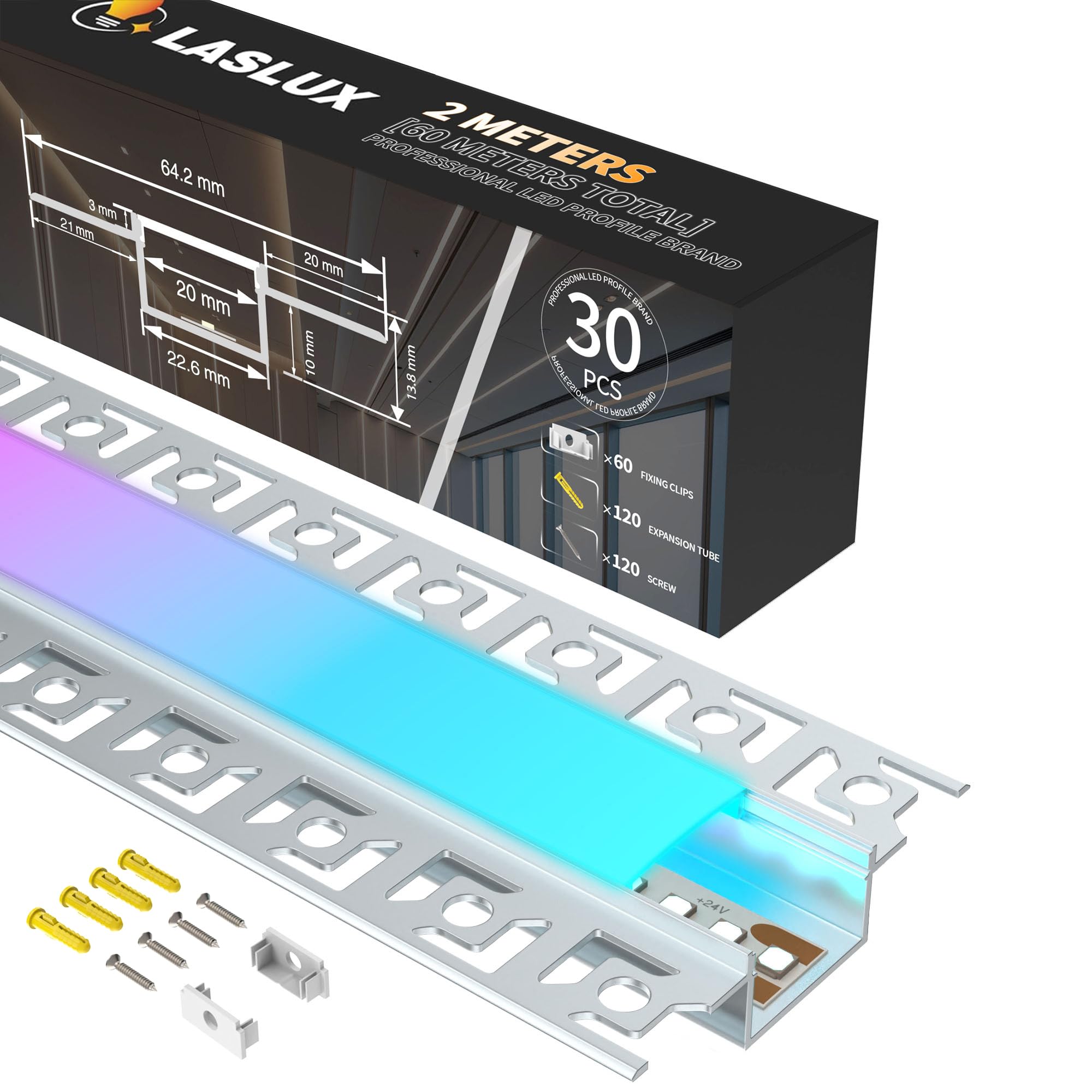 LED Aluminium Profil 30 x 2m(60m) Aluminium Trockenbauprofil für LED Streifen bis 20 mm Breite mit milchweißer PC-Abdeckung und Zubehörset(SP44)