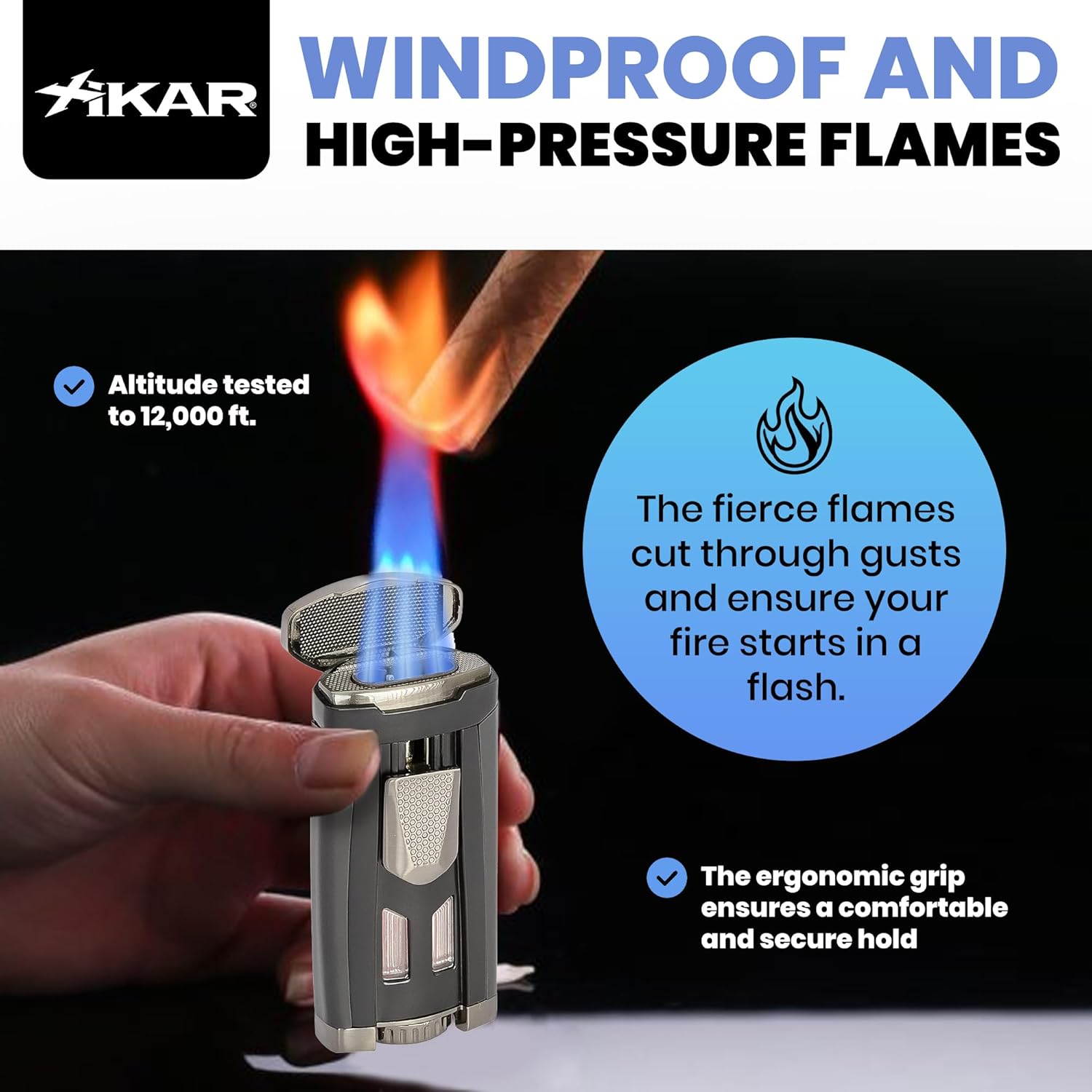 Xikar HP3 Triple Jet Flame Butane Torch Lighter, Silver | Wind Resistant, Refillable Fuel Tank with EZ-View Window, Adjustable Flame, Easy Push Ignition, Flip-Top Lid, High Altitude Tested