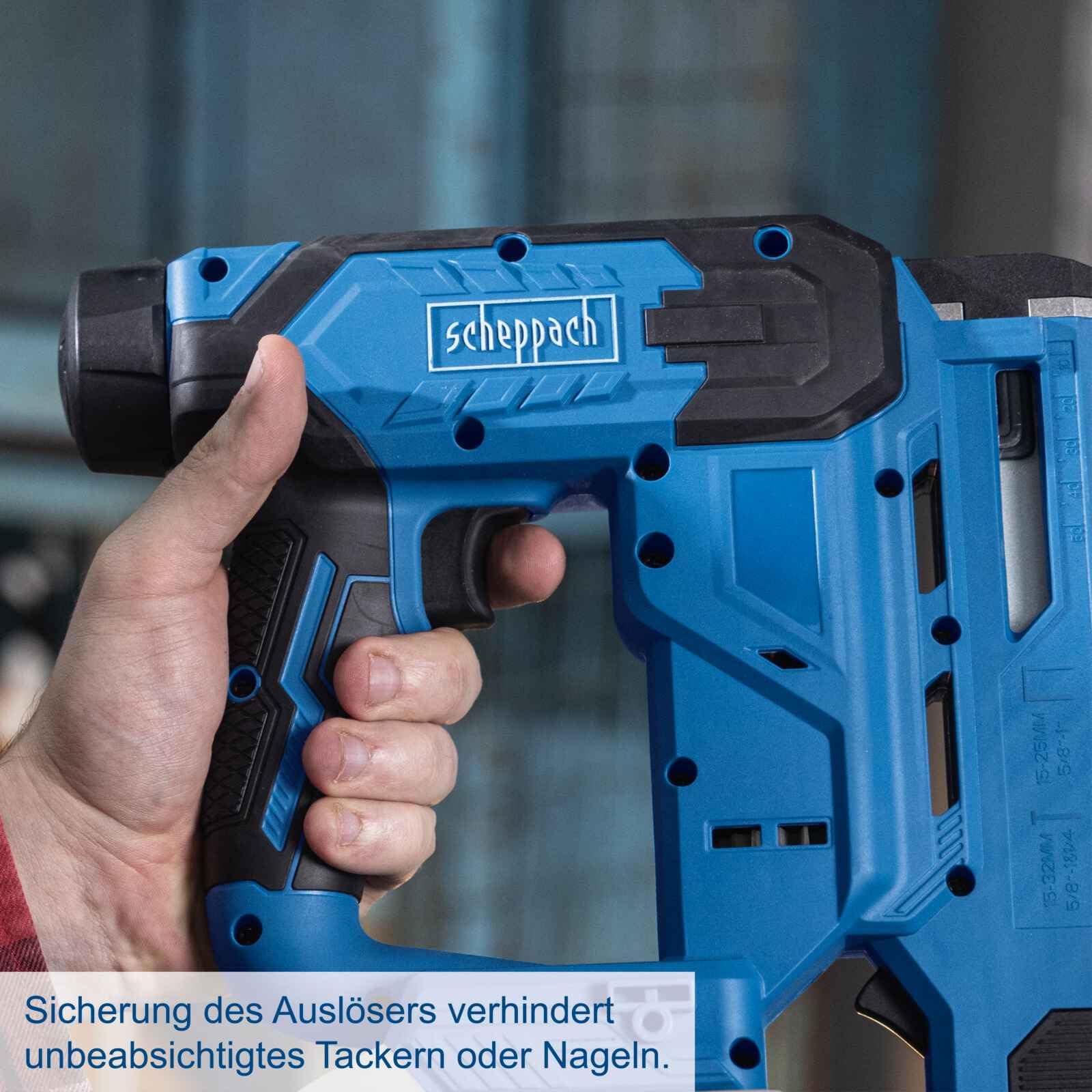 Scheppach Akku Klammer-& Nagelpistole C-NAG180-X Klammerpistole inkl. 300 Nägel & 300 Klammern | 60 Schüsse/Min | Magazin 85 St. | 20V-IXES-Serie | 10 Jahre Garantie | mit 2Ah Akku & Ladegerät