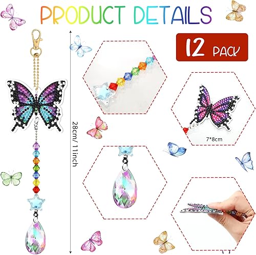 Miniatura 2 de Kigley Kit de 12 llaveros de pintura de diamante de mariposa, kit de pintura de diamante, carillón de viento de doble cara, adornos colgantes de