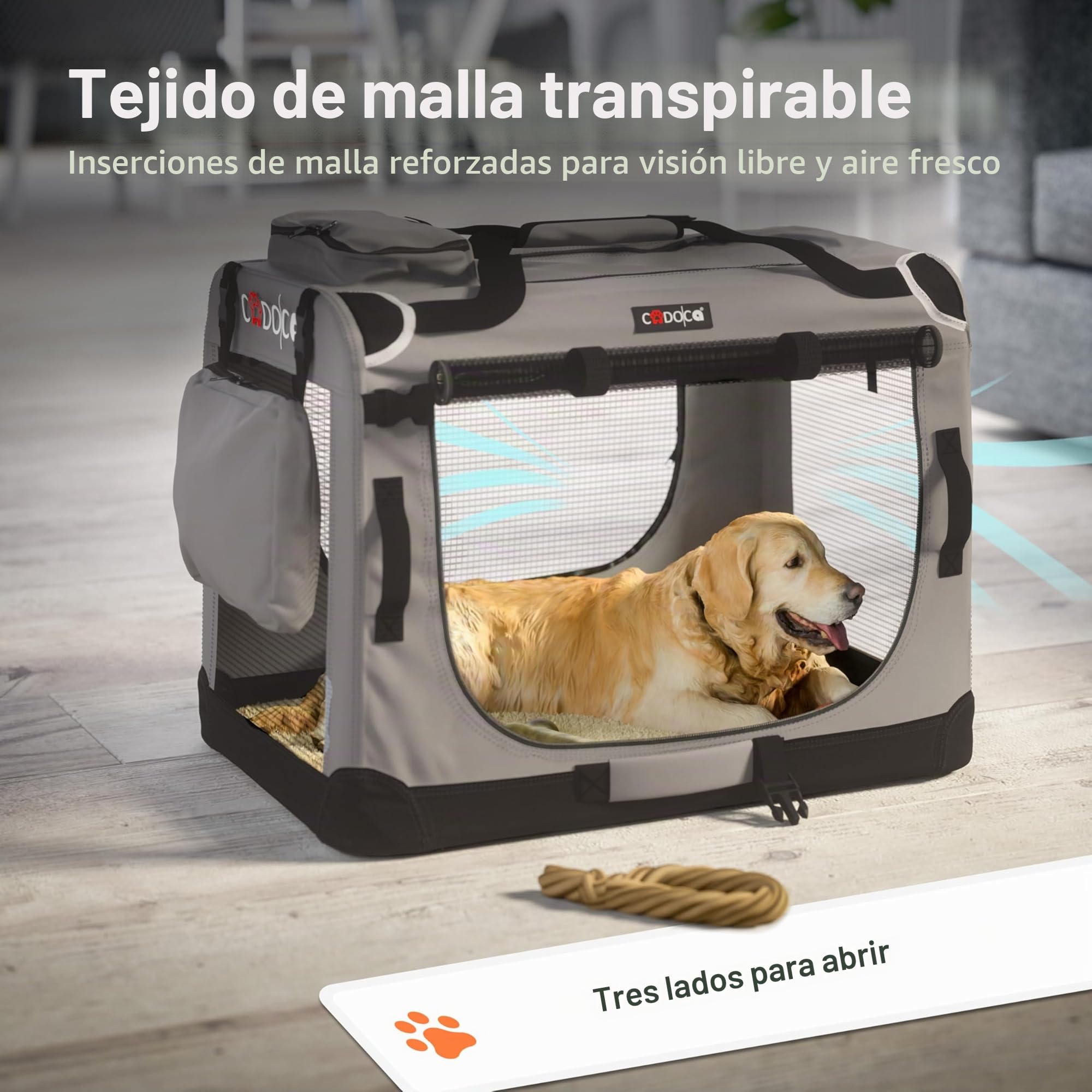 CADOCA® Transportín Mascotas Plegable con Alfombrilla Suave y Tazón Talla XXL 90x60x66cm Bolsa Viajes Transportadora Perros Gatos Gris