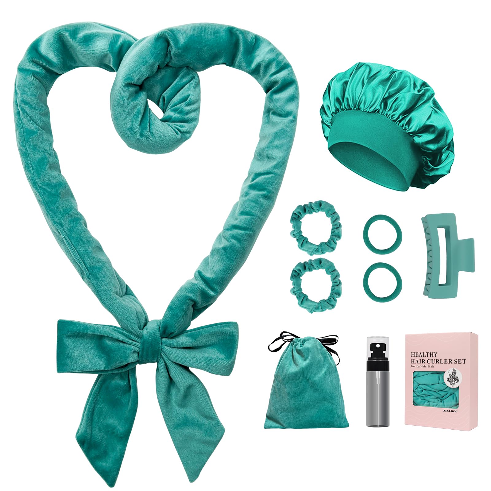 ZILAMPU No Heat Overnight Curl Headband, 70" Soft Wave Hair Rollers for Long Hair, 9 PCS Curl Rods Gift Set - Blue-green