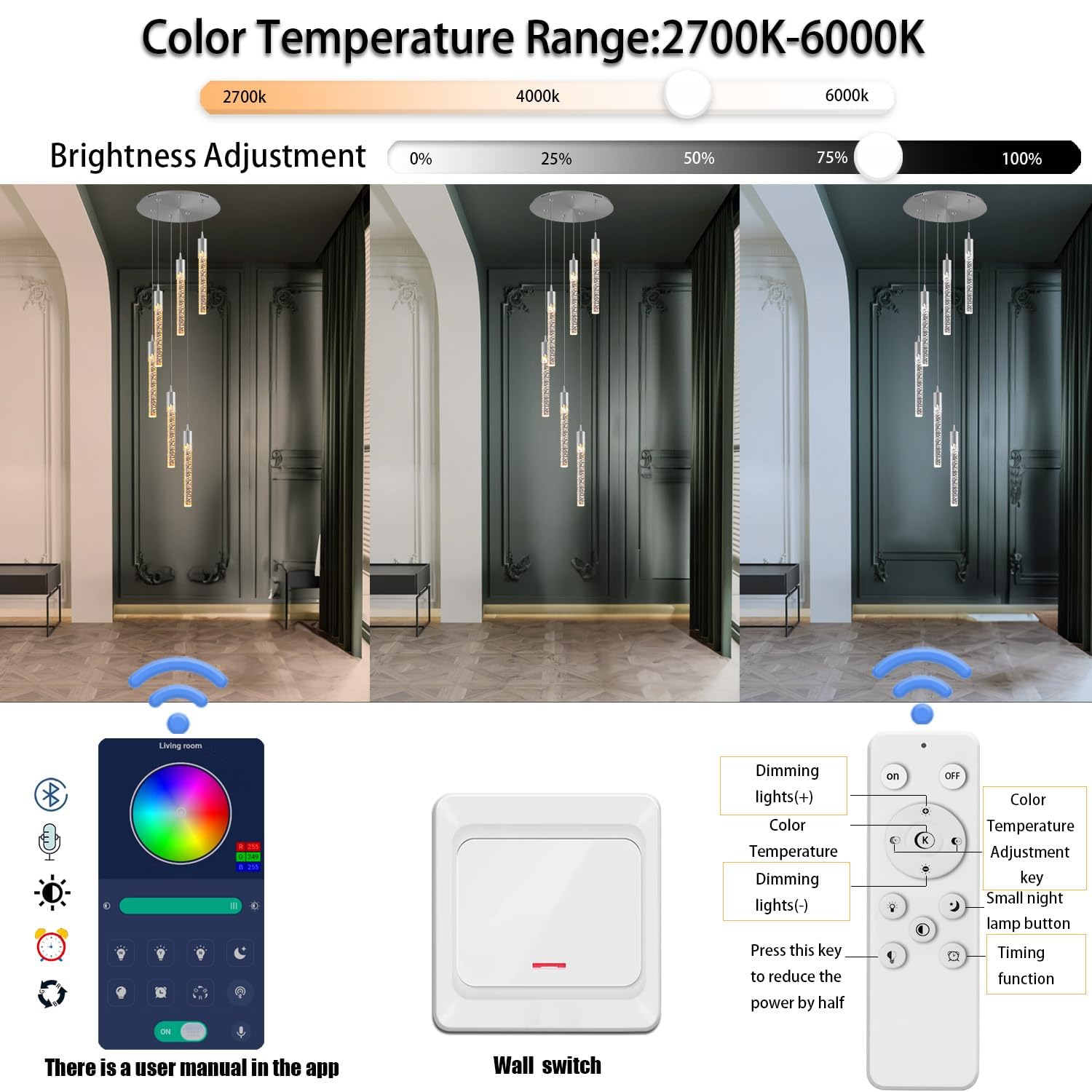 Lámpara de Techo Moderna de 6 Luces con Cristales en Forma de Burbuja - Lámpara Colgante LED Regulable Estilo Loft para Sala de Estar y Comedor, 178 cm de Largo, 2700K/4500K/6000K,